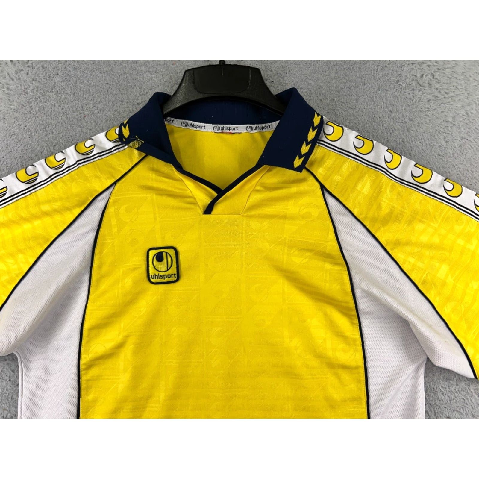Vintage Uhlsport Jersey Mens Medium Yellow White Collar Soccer Futbol Polyester Shirt Mens M Yellow Logo Outdoor Football Soccer Size US M / EU 48-50 / 2 - 4 Thumbnail