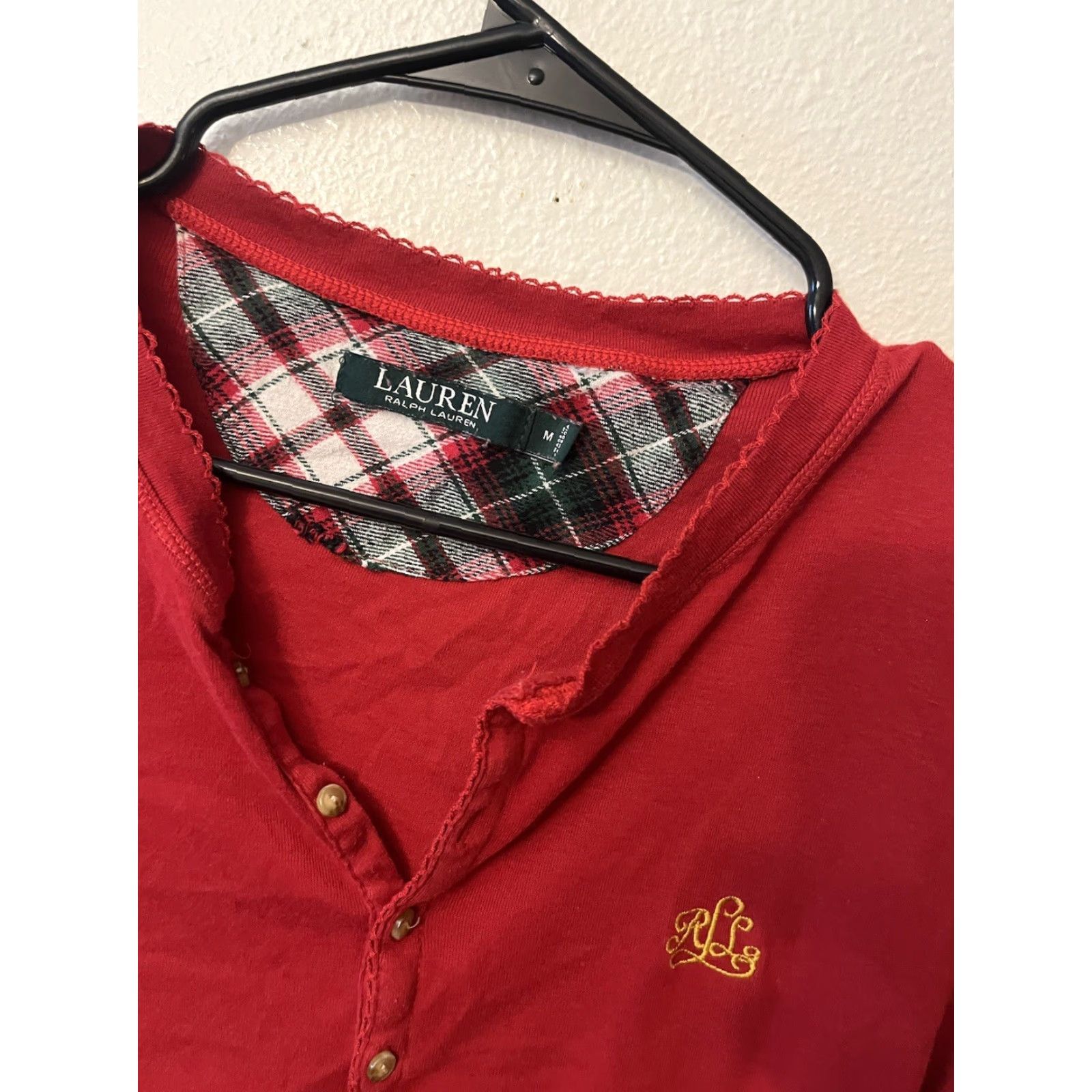 Ralph Lauren VINTAGE Ralph Lauren Women's Pajama Shirt Long Sleeve Henley Red Cotton Embroidered Logo Classic Holiday M Size M / US 6-8 / IT 42-44 - 3 Thumbnail