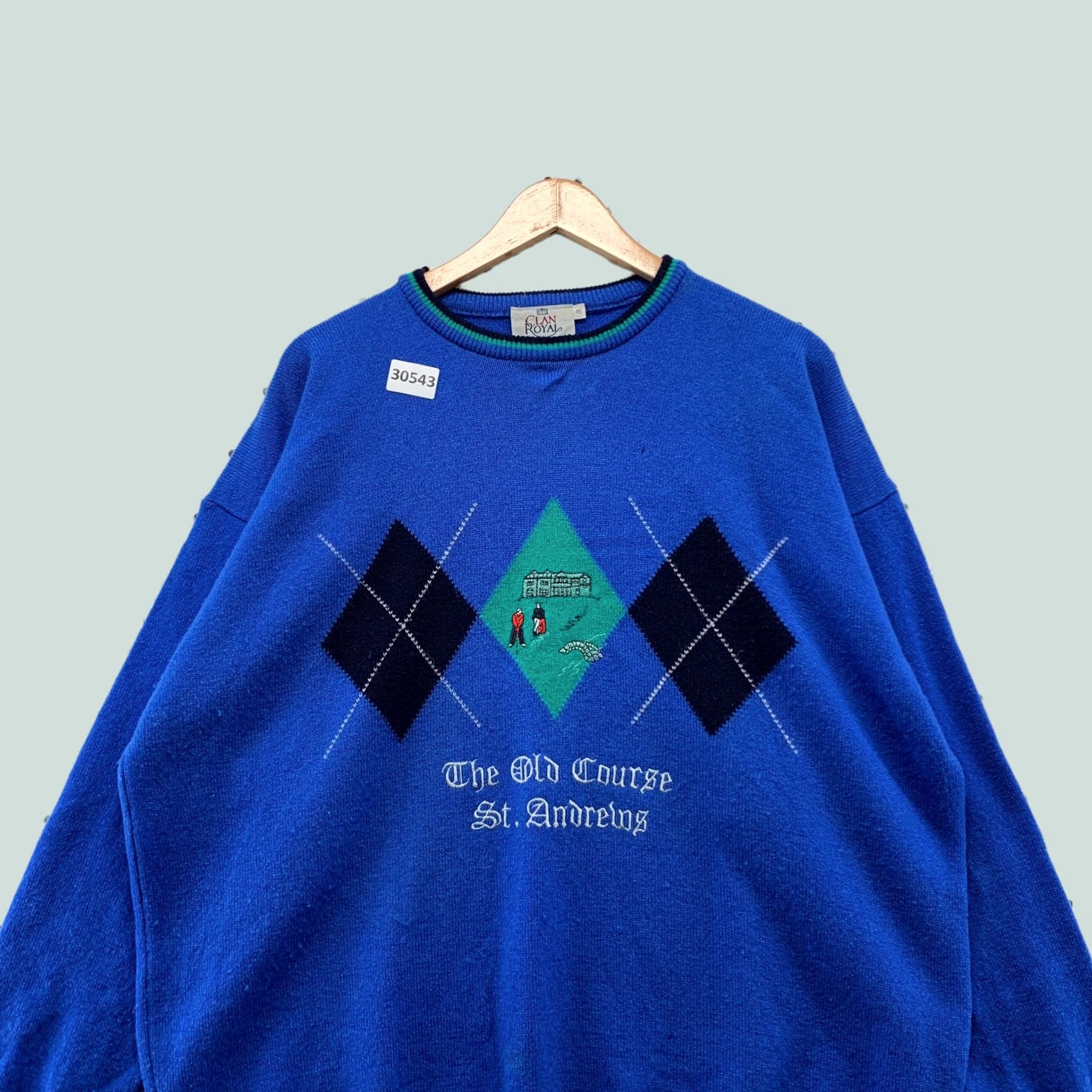 Vintage VTG Clan Royal St Andrews Knit Sweater Mens L Blue 100% Lambswool Crew Neck Pullover Size 42 Large UK Vintage Mens Sweater Size US L / EU 52-54 / 3 - 1 Thumbnail