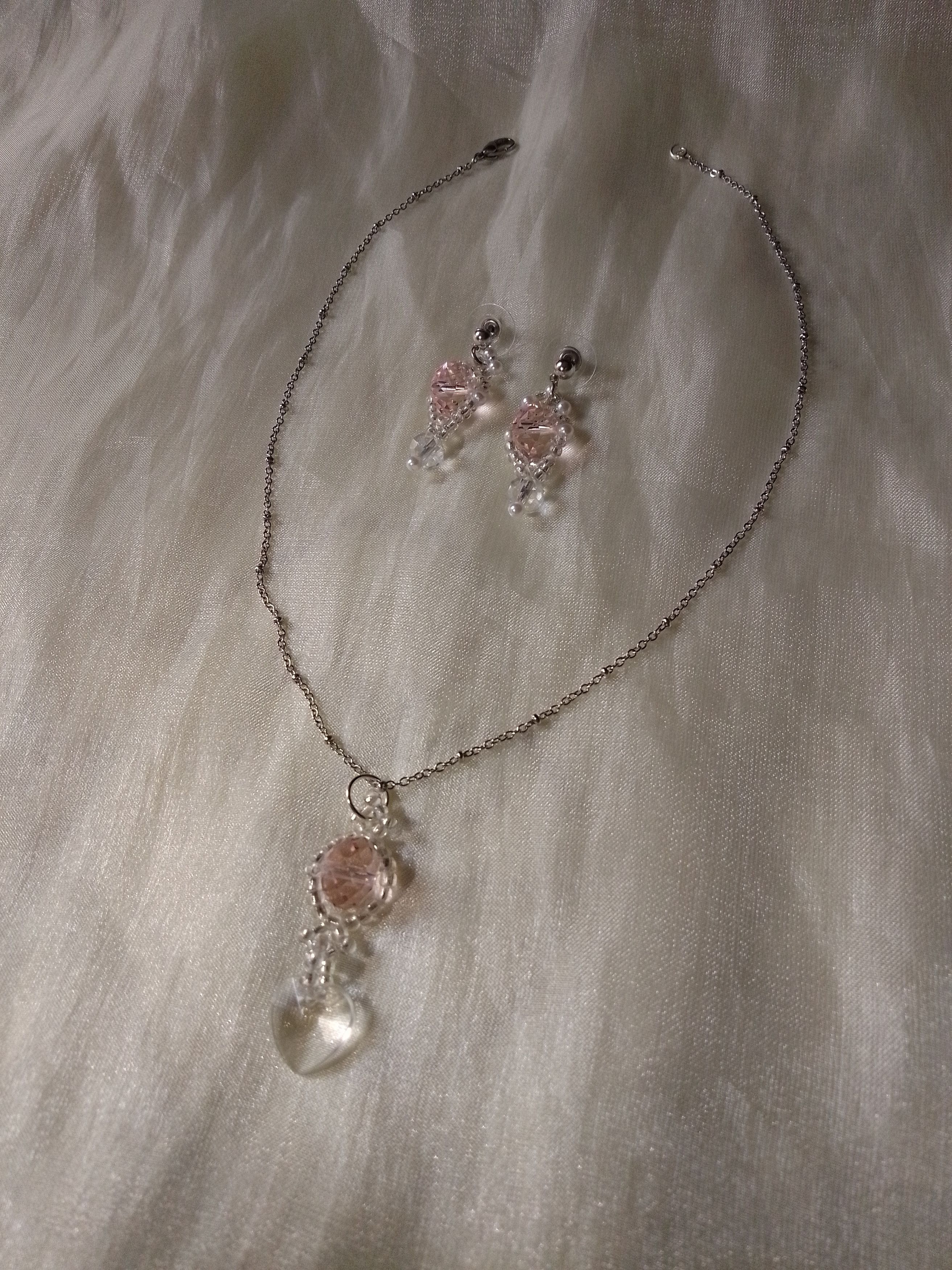 Handmade Necklace Earrings Pink Crystal Heart Pendant Swarovski Size ONE SIZE - 6 Thumbnail