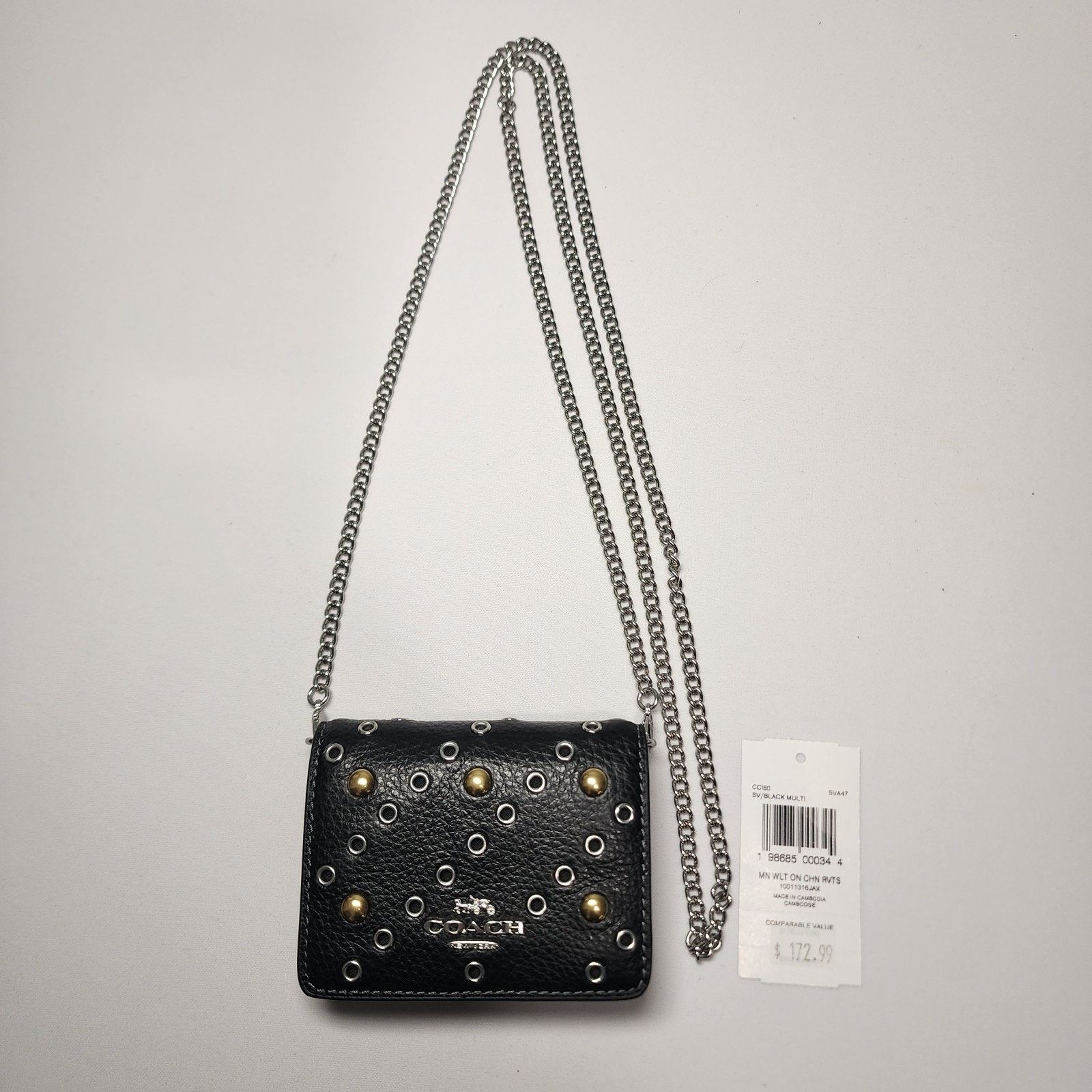 Coach NWT Coach CCI80 Mini Wallet On A Chain Rivets Silver Black Size ONE SIZE - 2 Thumbnail