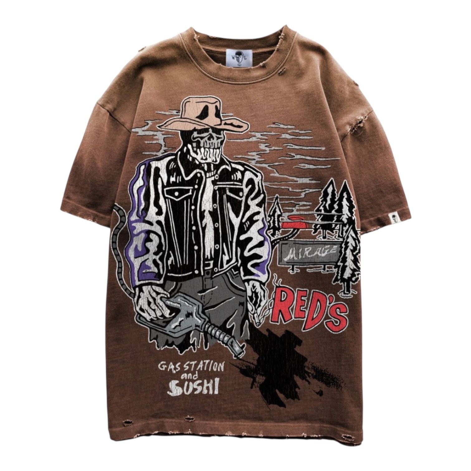 Gas Station Sushi Short Sleeve Tee Shirt Brown White Multi
