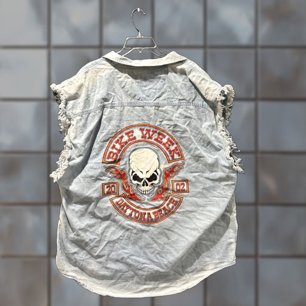 Denime VINTAGE Coliseum Denim Button Up T-Shirt 3X Big & Tall Men Blue Skull Flaming 00’s Daytona Bike Week 02 3X Mens Shirts Size US XXL / EU 58 / 5 - 1 Thumbnail