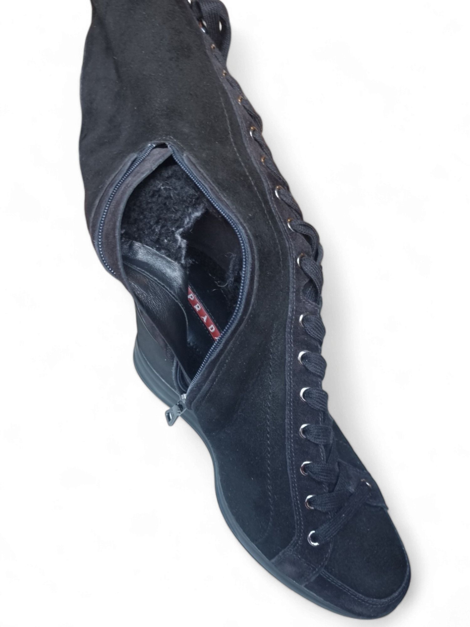 Prada Box Prada Suede Sheepskin Wedge Lace Up Leather Upper Boots Size US 6 / IT 36 - 20 Thumbnail