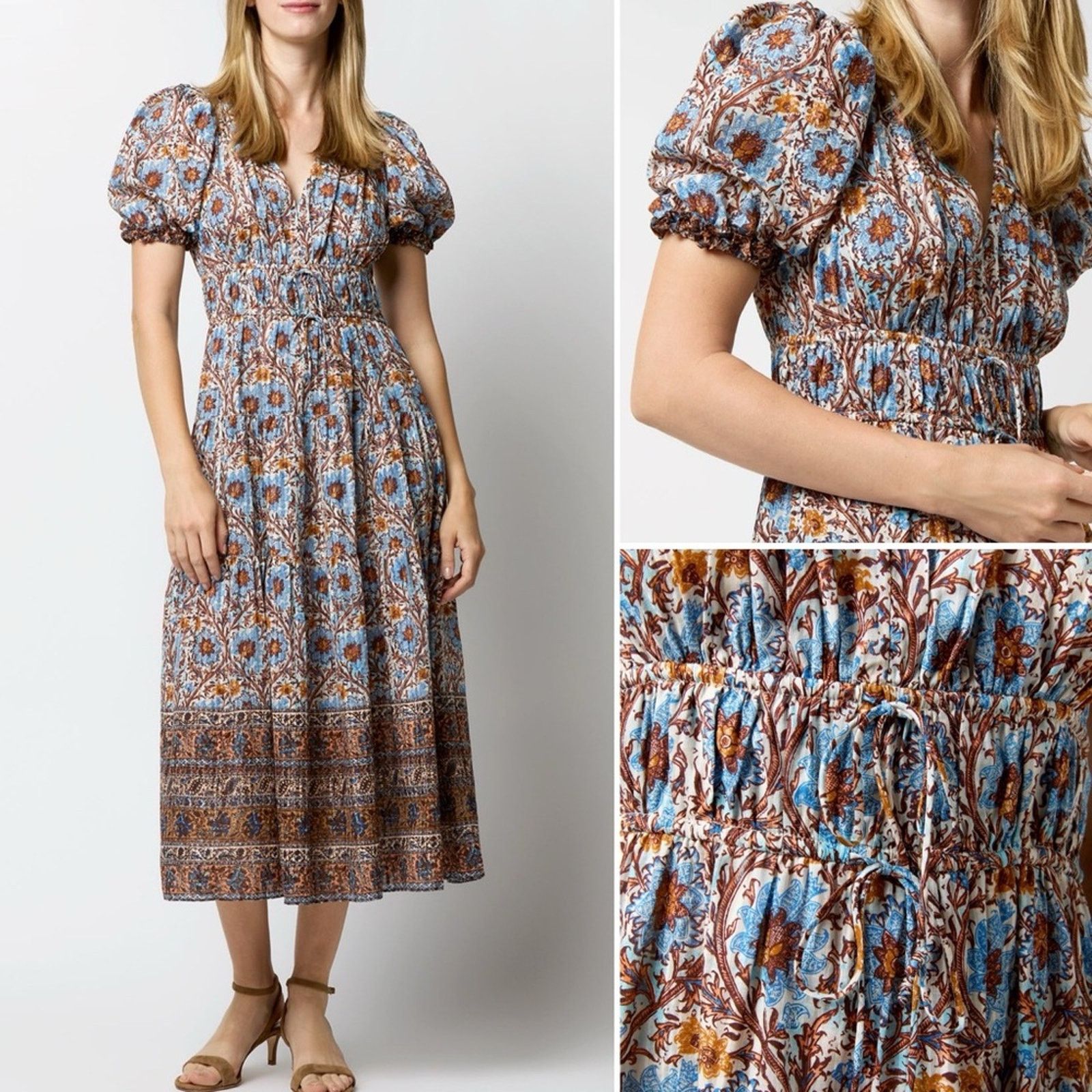 Ulla Johnson ULLA JOHNSON $490 Ilana Dress Caspia Blue Brown Womens 0 Size XS / US 0-2 / IT 36-38 - 1 Thumbnail