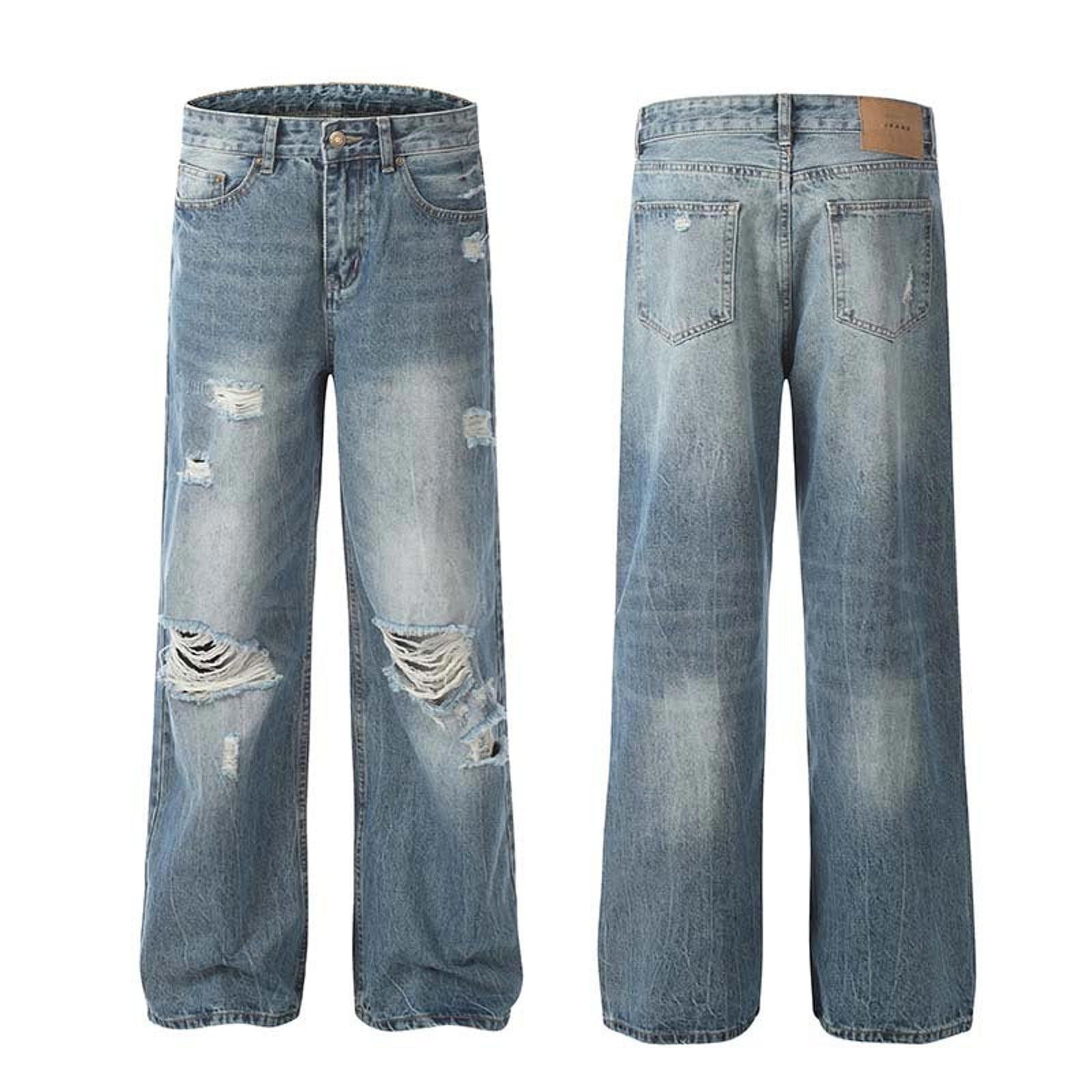 Japanese Brand Light Blue Distressed Wide Leg Denim Jeans, Loose Fit Size US 32 / EU 48 - 4 Thumbnail