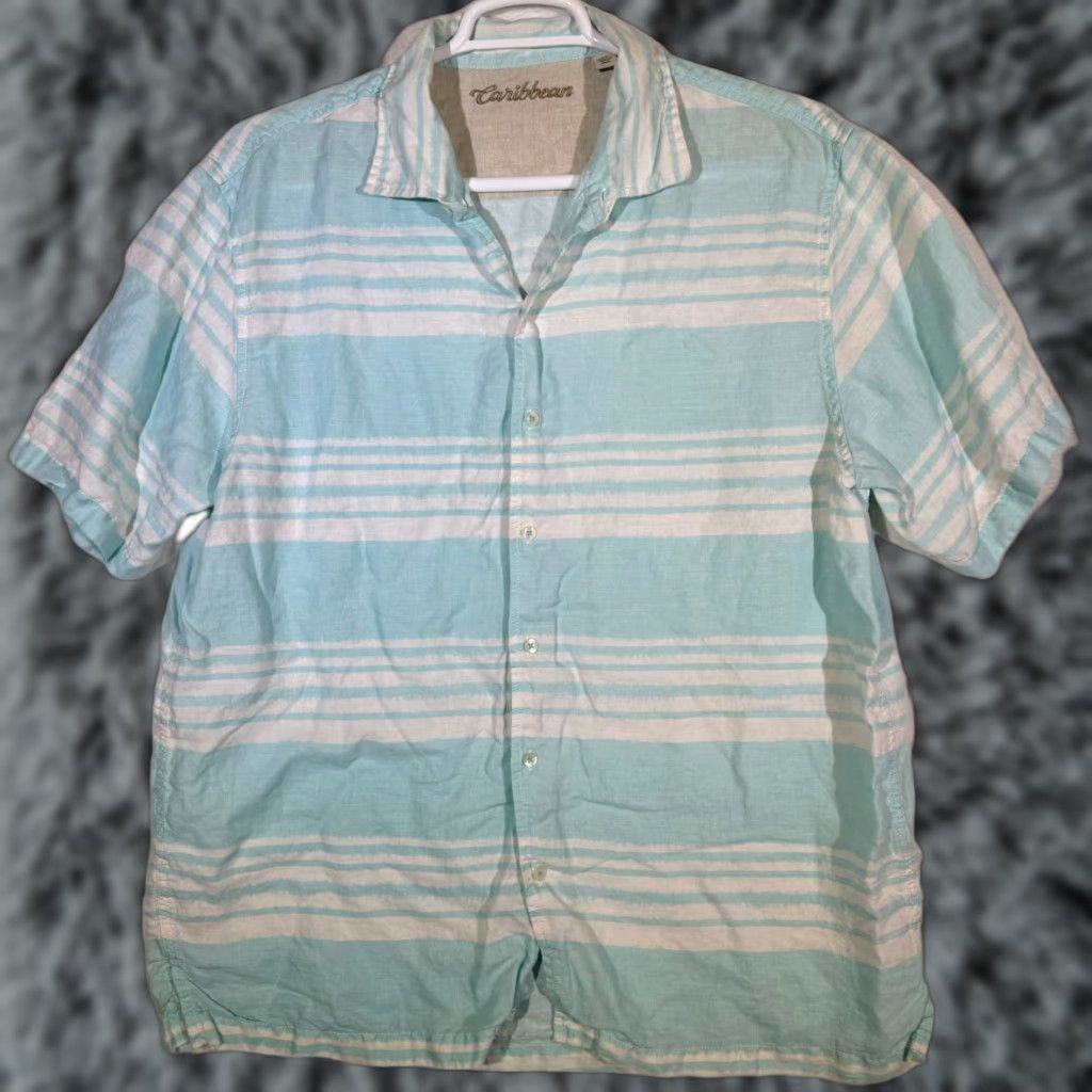 Vintage Caribbean Shirt XL Light Blue Striped Linen Hawaiian Shirt – 100% Linen, Button-Up, Short Sleeve, Casual Beach, Men’s, 42" Chest, 31" Length Size US XL / EU 56 / 4 - 1 Thumbnail