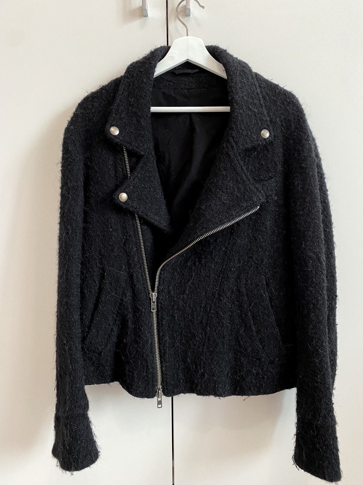 image of Ann Demeulemeester Textured Wool Oversized Rider Biker Jacket in Black, Men's (Size Medium)