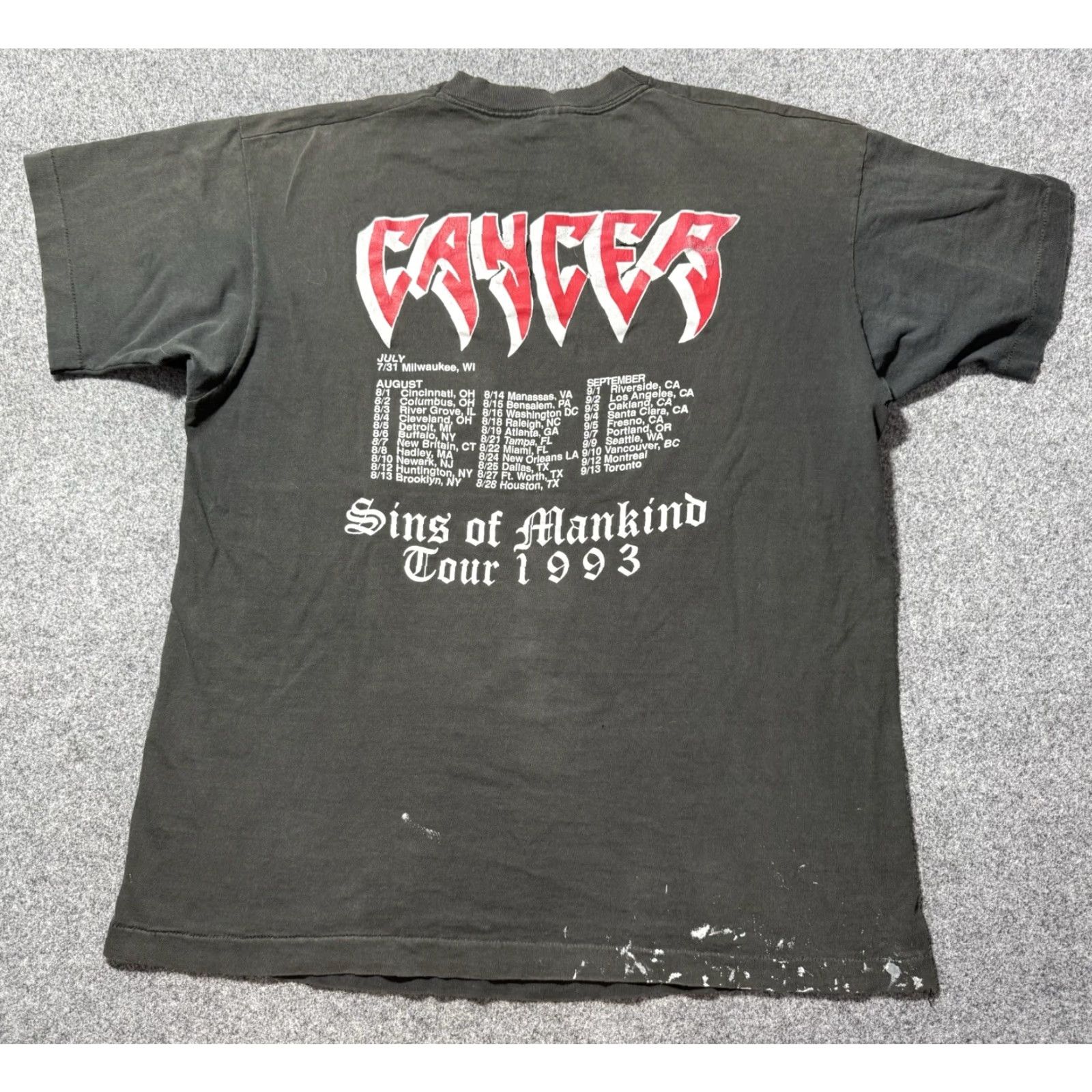 Fruit Of The Loom VINTAGE 1993 Cancer Sins Of Mankind T-Shirt Size XL Death Metal Thrash Fruit of the Loom Crew Neck Short Sleeve Cotton Men Band Music Rock Faded black Size US XL / EU 56 / 4 - 2 Thumbnail