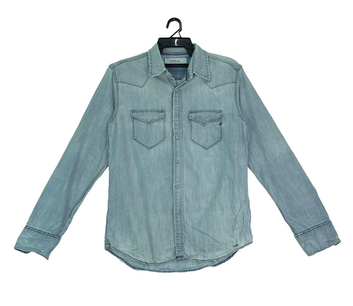 REPLAY distressed design light blue denim cotton shirts