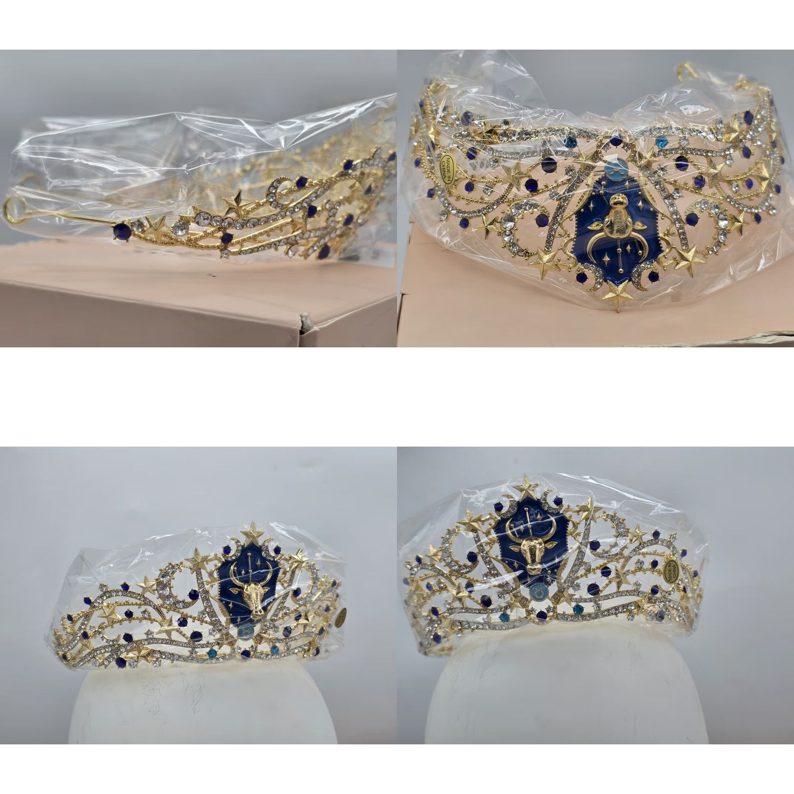 Vintage SWEETV Zodiac Crown/Tiara - Gold/Silver/Aqua/Blue - Symbol Taurus Headpiece Womens Wedding Party/Cocktail Formal Rhinestone Bull 90s? Size ONE SIZE - 10 Thumbnail
