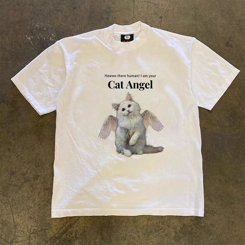 Japanese Brand Street washed retro cat angel print cotton t-shirt Size US M / EU 48-50 / 2 - 1 Thumbnail