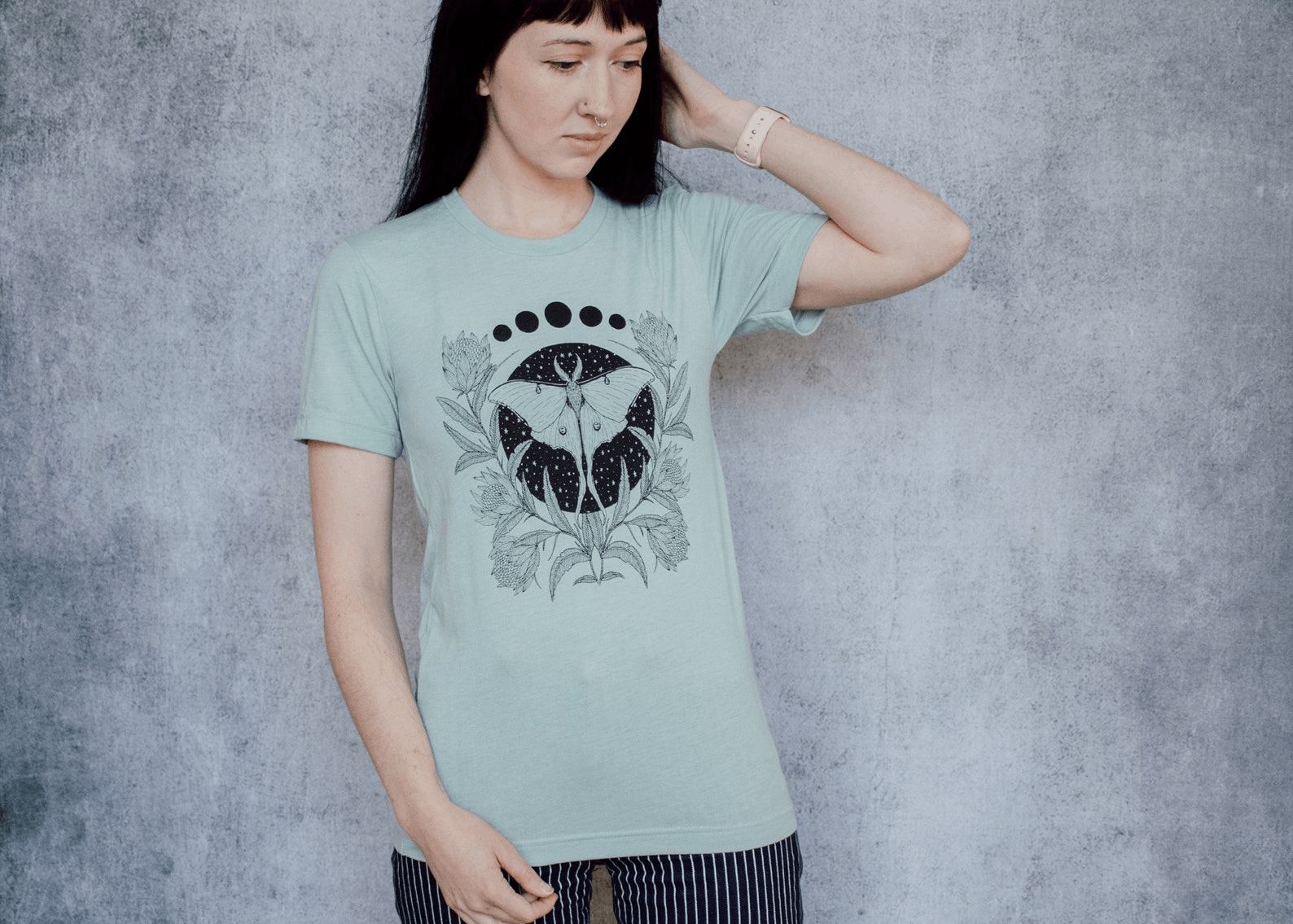 Designer × Vintage Luna Moth and Protea Flower Seafoam Unisex T-Shirt Size US M / EU 48-50 / 2 - 2 Thumbnail