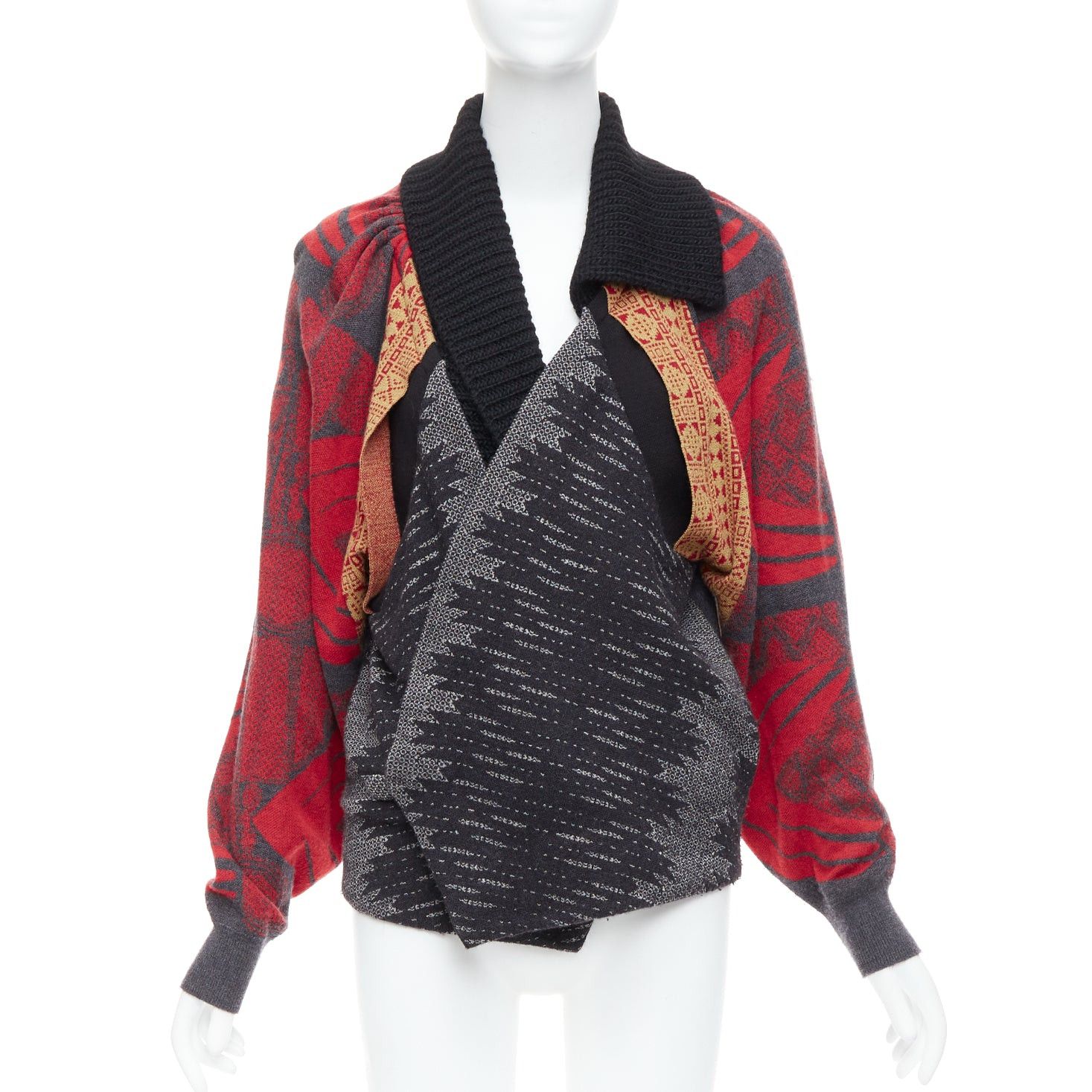Toga TOGA ARCHIVES red grey ethnic intarsia deconstructed cardigan JP2 M Size M / US 6-8 / IT 42-44 - 1 Thumbnail
