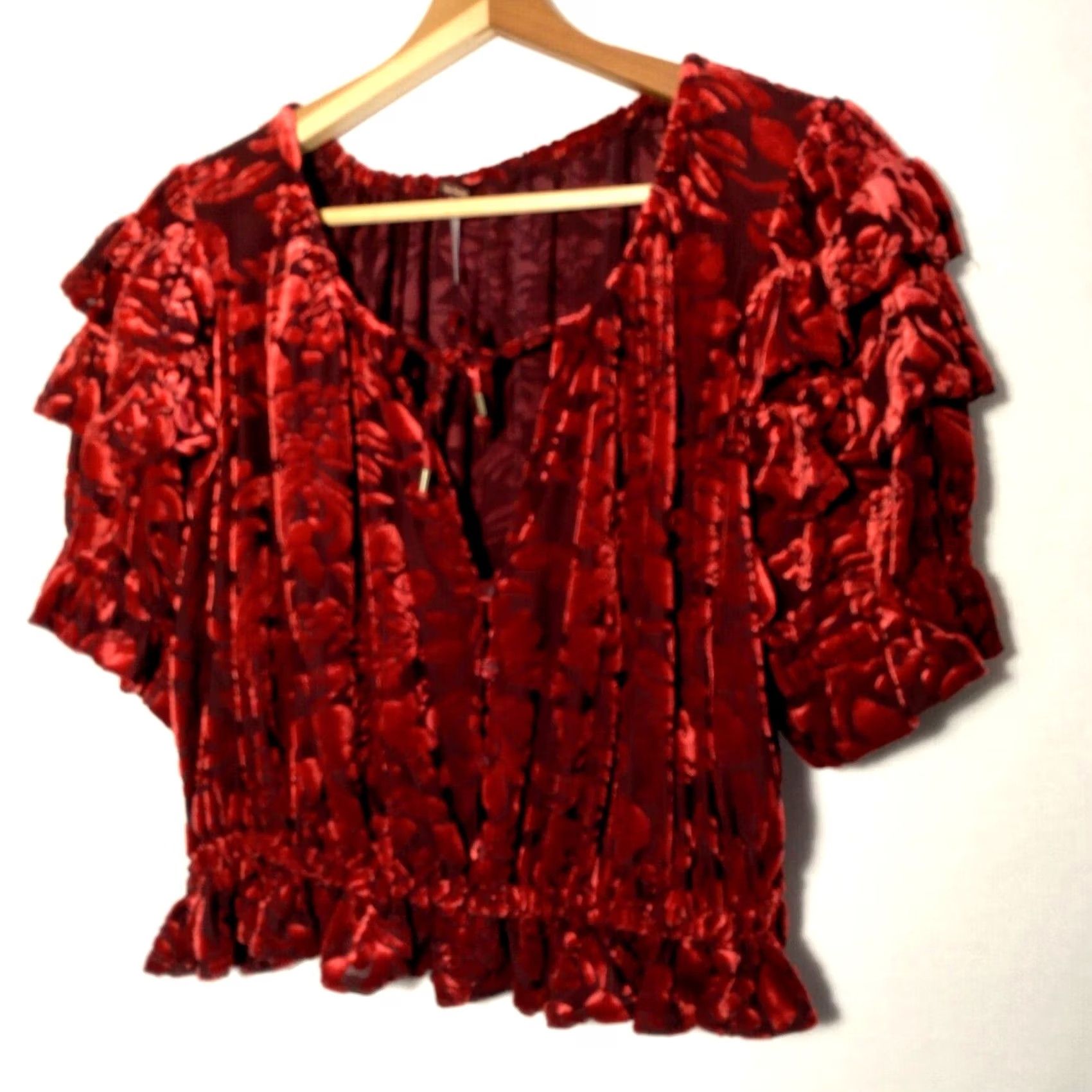 Free People Free People Shirt S Red Floral Velour Crop V-Neck Puff Sleeve Ruffle Velveteen Dream Blouse Size S / US 4 / IT 40 - 2 Thumbnail
