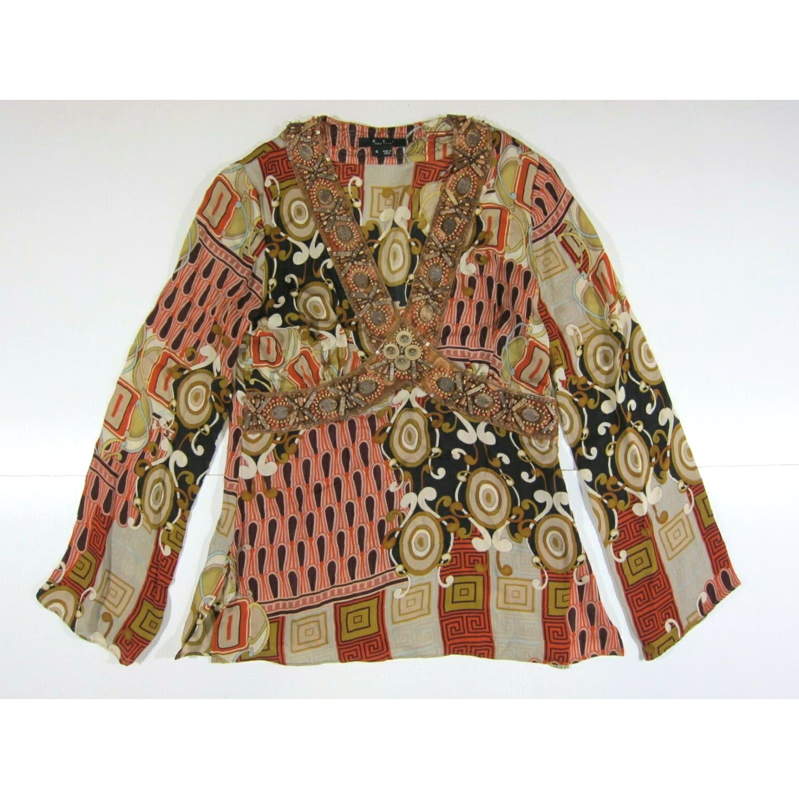 Vintage VINTAGE ECI New York 100% Silk Beaded Orange Brown V-Neck Long Sleeve Blouse Top Women 6 Size M / US 6-8 / IT 42-44 - 6 Thumbnail