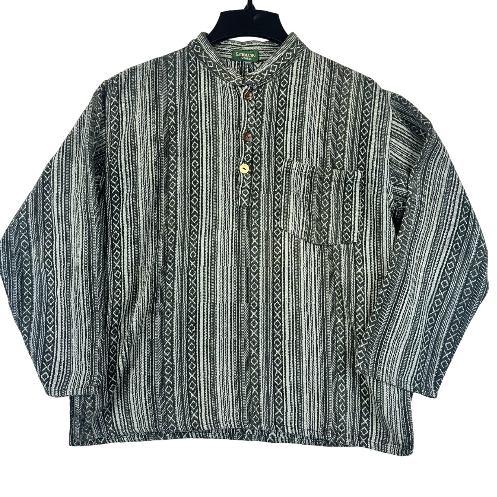 Kathmandu Kathmandu Imports Pullover Shirt Mens Large Striped Pocket Henley Button-Up Long Sleeve Gray Cotton Band Collarless Vintage No Size US M / EU 48-50 / 2 - 2 Thumbnail