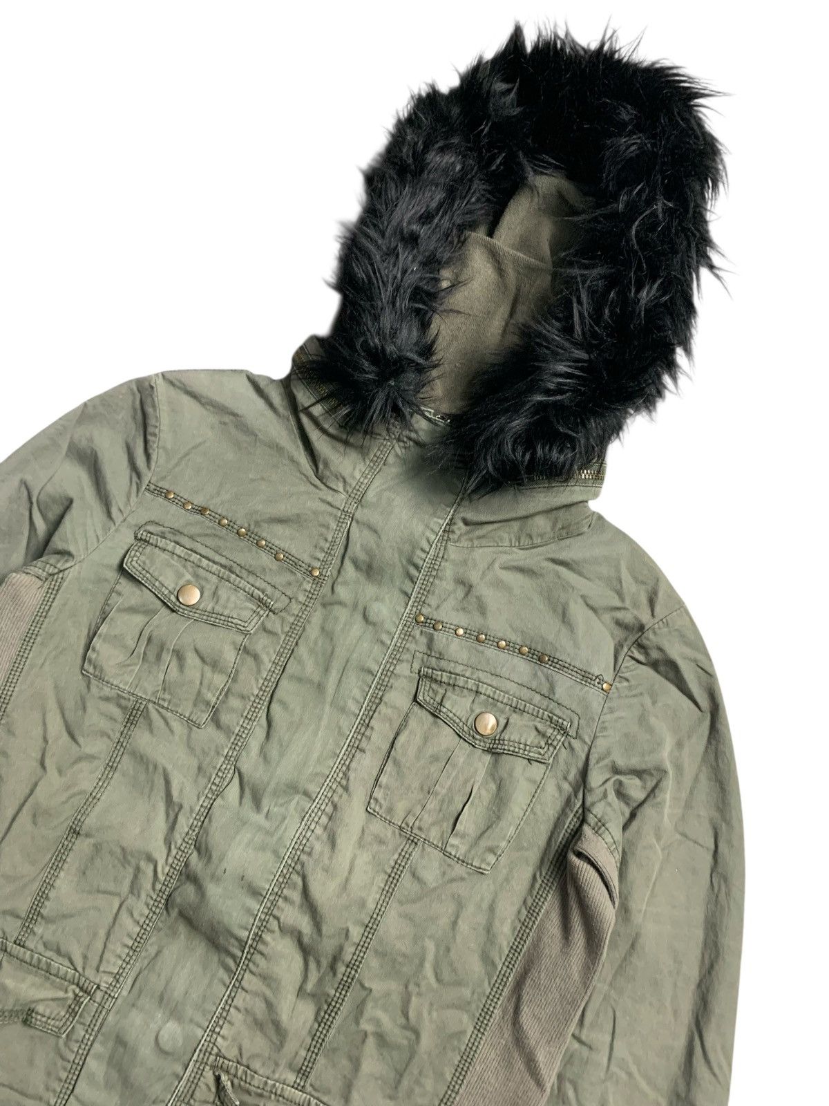 GOA FOREVER 21 STUDDED MULTI POCKET BLACK FUR HOODIE ZIP JACKET Size US M / EU 48-50 / 2 - 3 Thumbnail