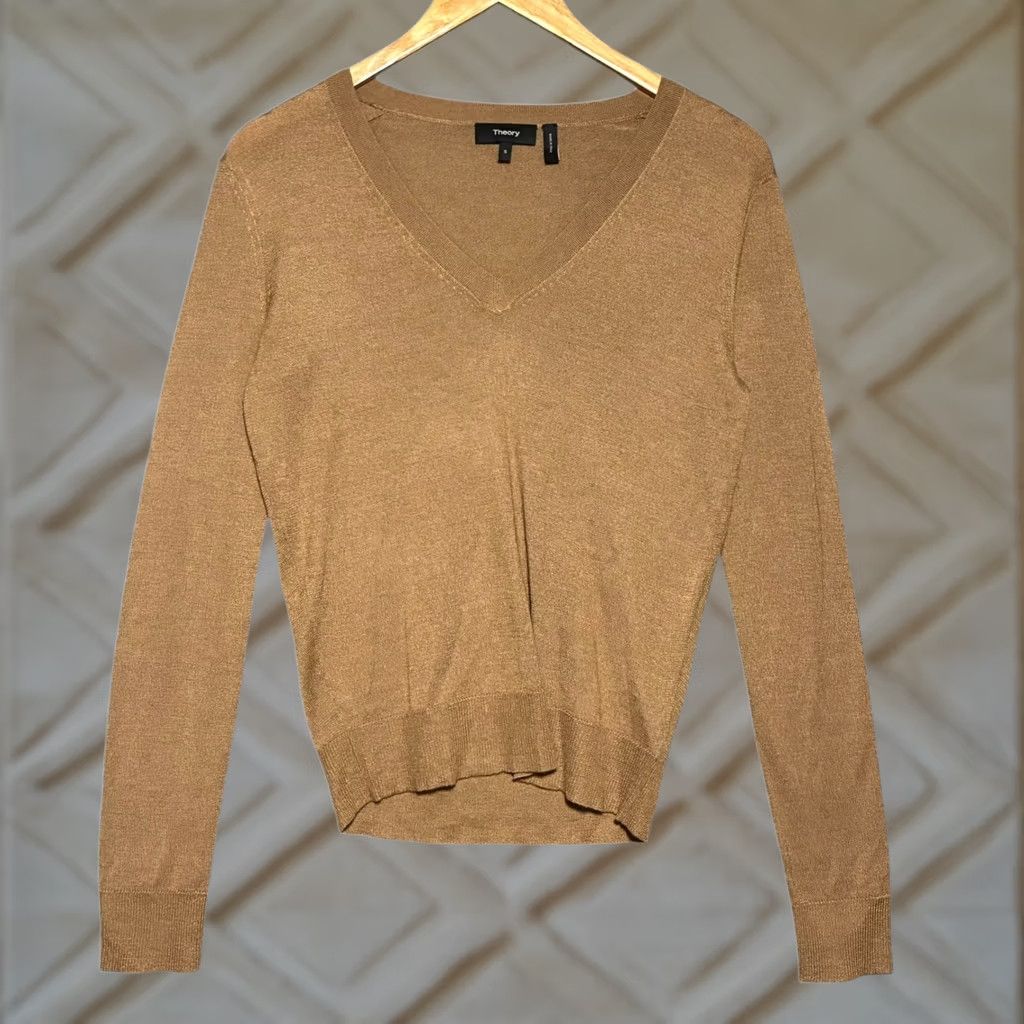 Theory EUC Theory Silk Cashmere V-Neck Pullover Sweater Womens S Camel Brown Size S / US 4 / IT 40 - 1 Thumbnail