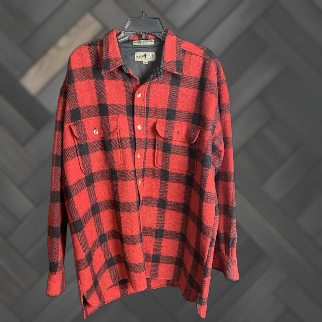 VINTAGE Robert Stock Shirt Button-Up Wool Flannel Red/Black 80s Large Mens Regular Long Sleeve Collared Pocketed