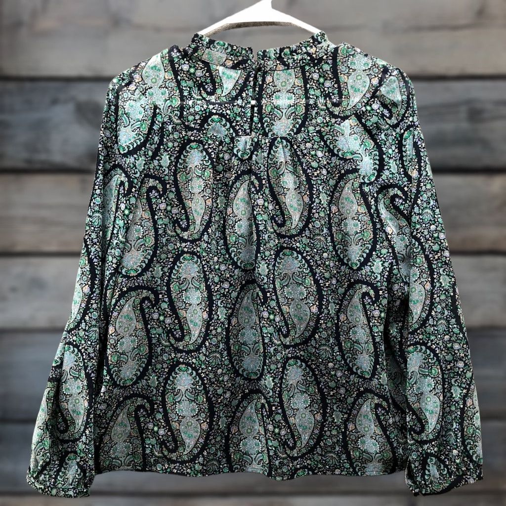 J.Crew VINTAGE J. Crew Blouse Shirt Paisley Print Chiffon Teal Green Womens S Long Sleeve Mock Neck BPMS Size S / US 4 / IT 40 - 1 Thumbnail