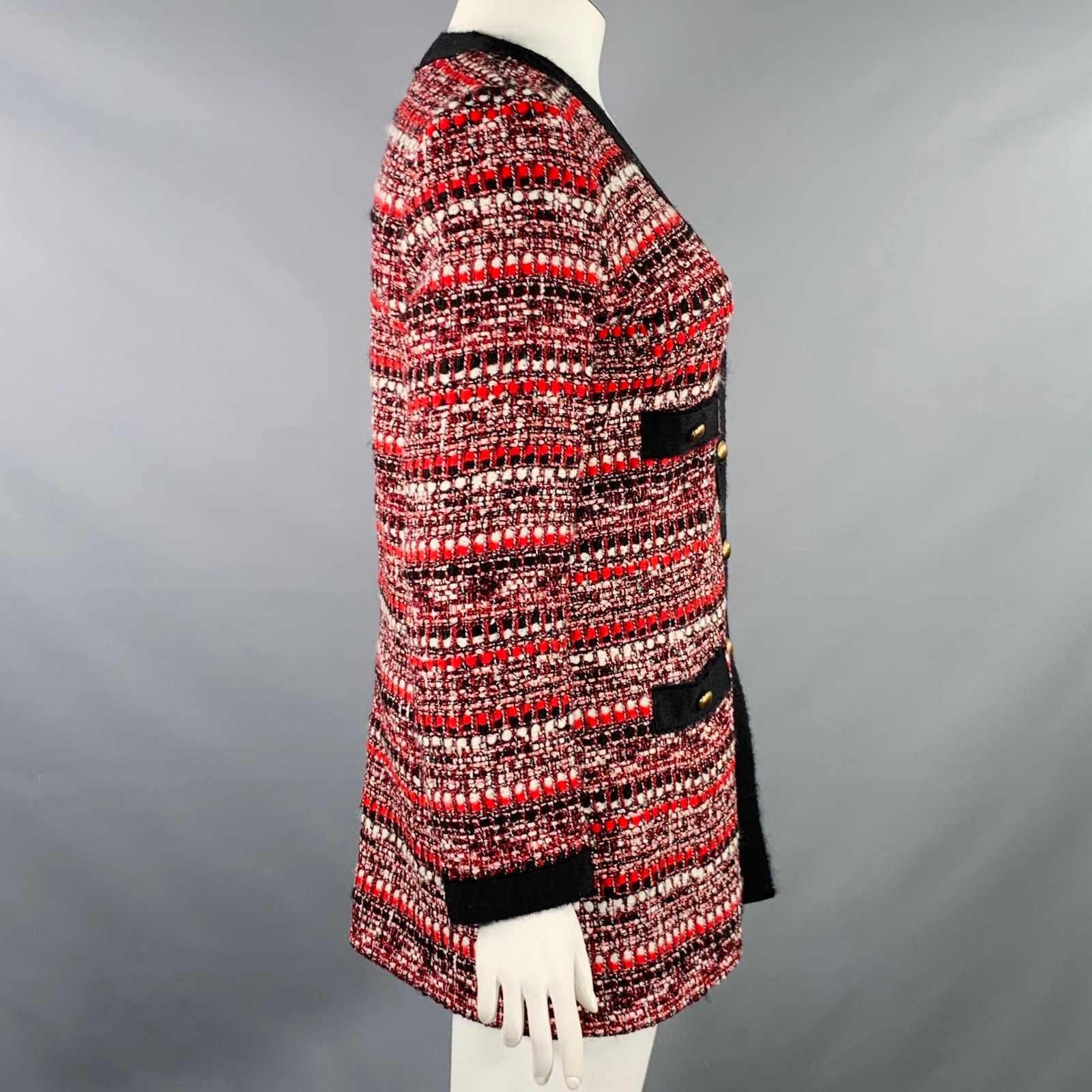 Other Black Red White Wool Blend Boucle Single Breasted Coat Size L / US 10 / IT 46 - 3 Thumbnail