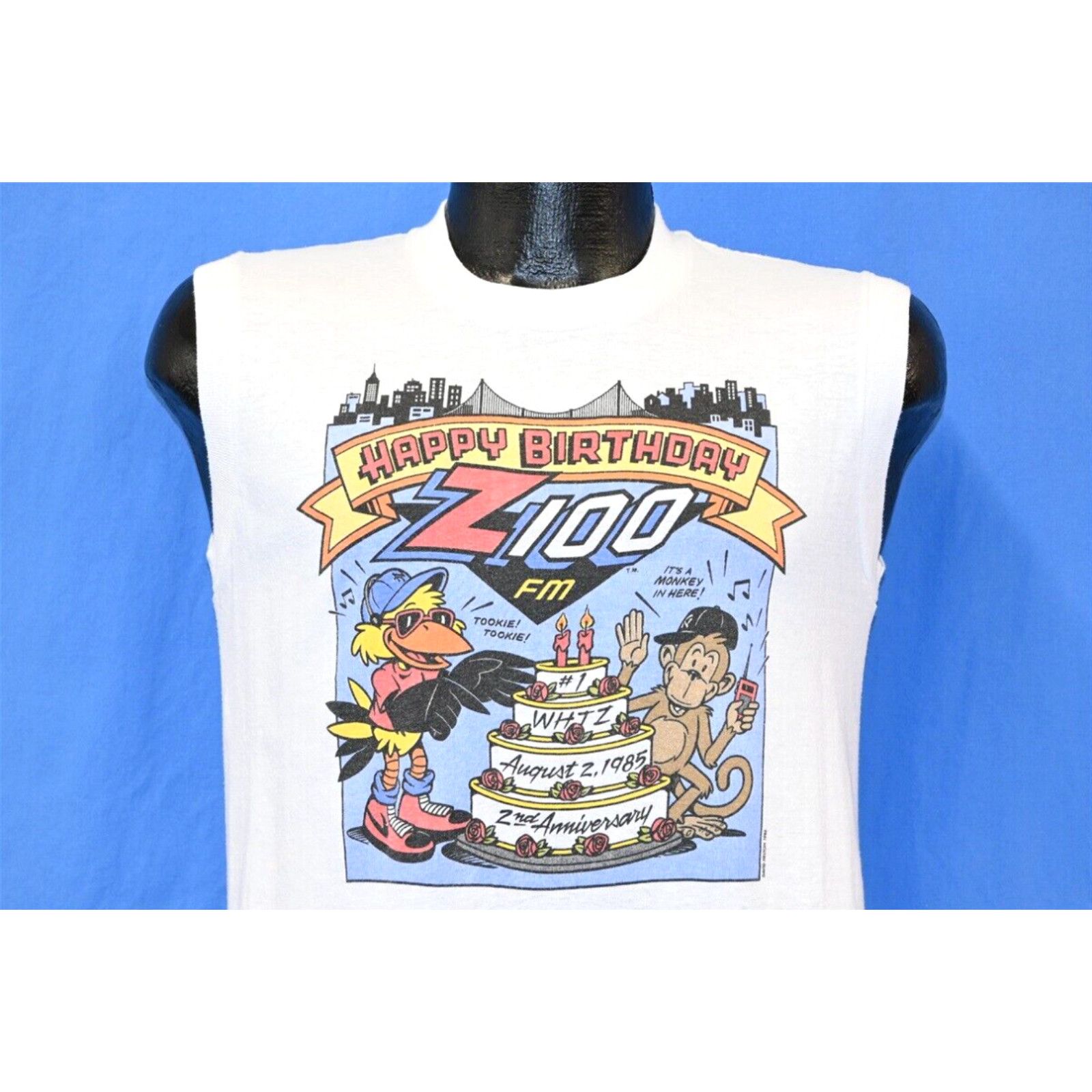 image of Vintage VTG 80's Z100 Fm Whtz Happy Birthday 1985 New York Radio Monkey Muscle T-Shirt S in White (