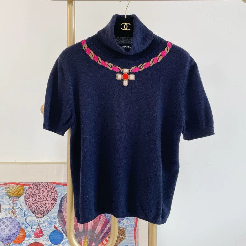 Chanel CHANEL Blue Turtleneck Knit Top with Embellishment- DMC Size US M / EU 48-50 / 2 - 1 Thumbnail