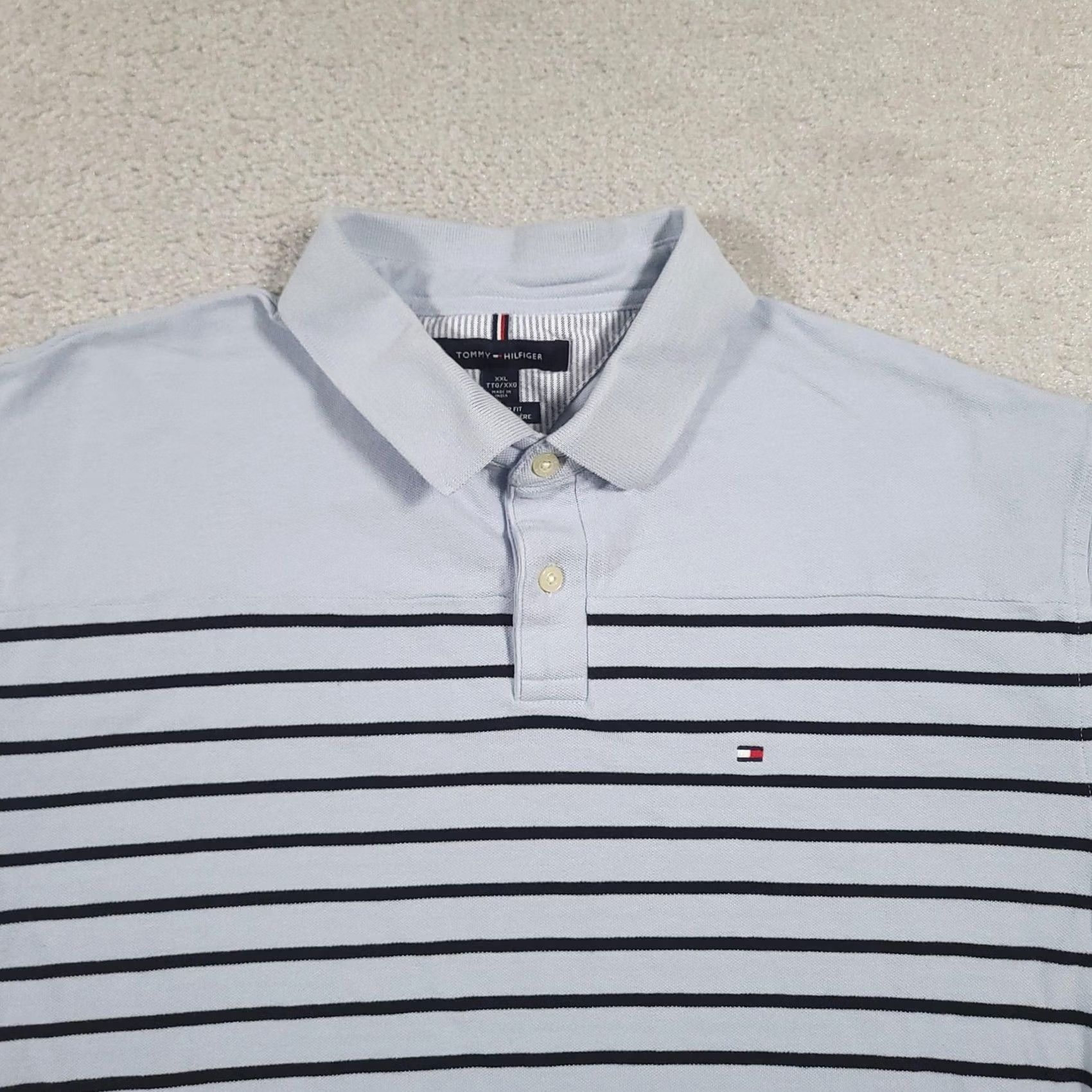 Tommy Hilfiger Tommy Hilfiger Polo Shirt Mens 2XL Light Blue Navy Striped Regular Fit Pique Size US XXL / EU 58 / 5 - 3 Thumbnail