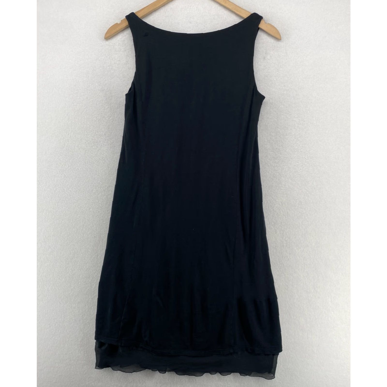 EILEEN FISHER Dress XS Silk Cotton Rib Jersey Silk Chiffon Trim Shift Tank  Black