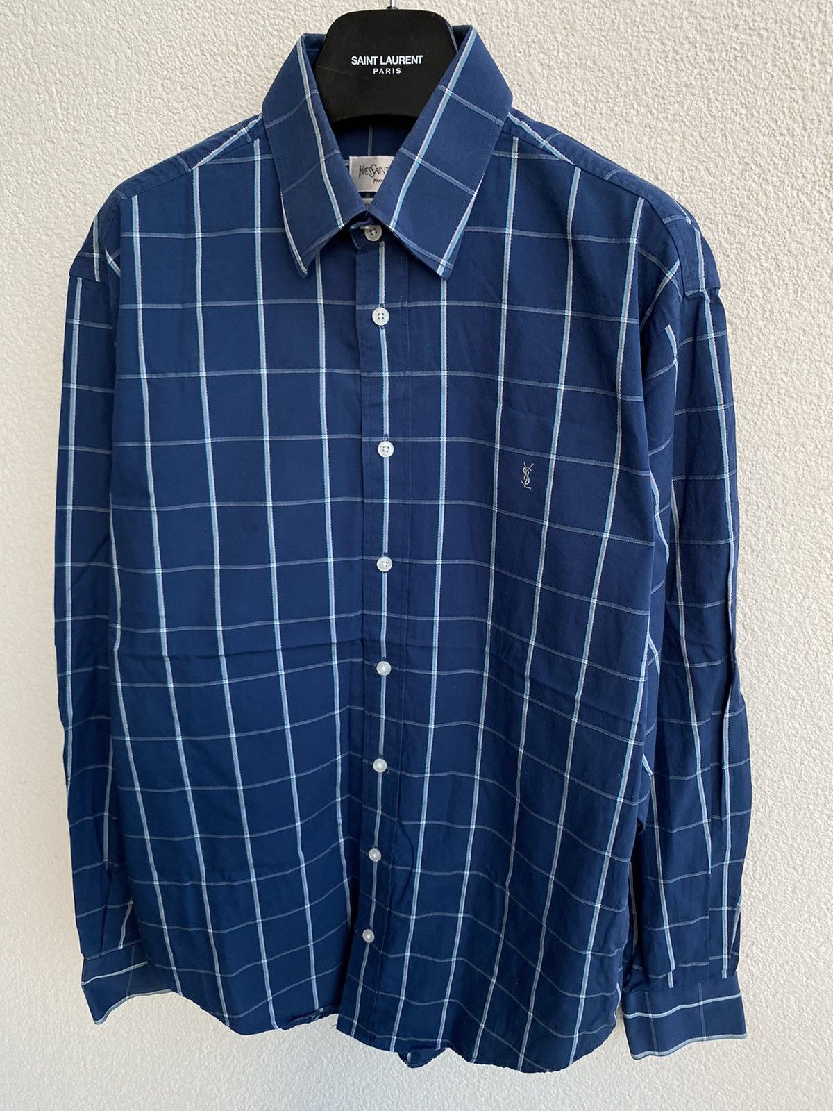 Yves Saint Laurent Cotton YSL Shirt Check Navy Size US M / EU 48-50 / 2 - 13 Thumbnail