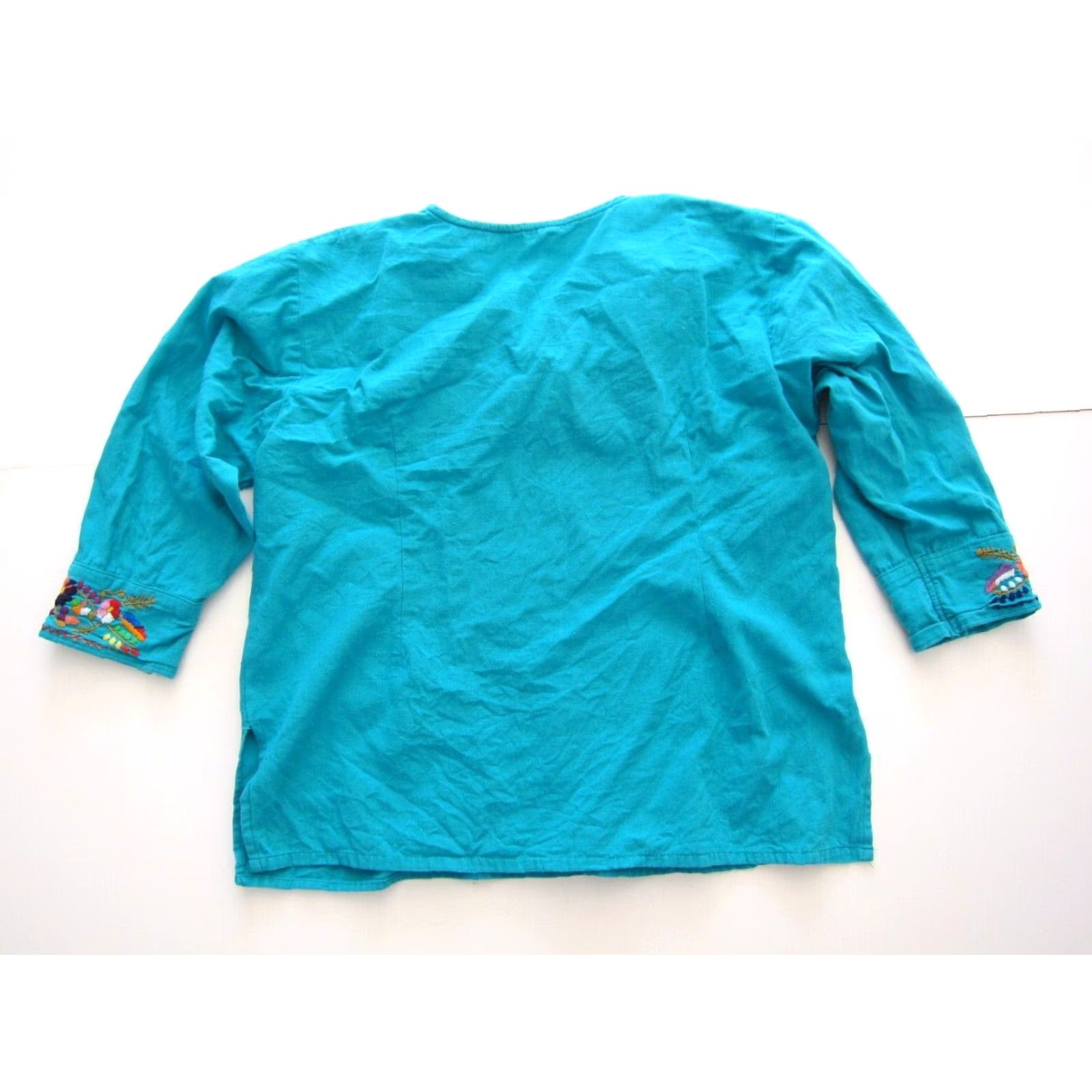 Altea Vintage Unbranded Blouse 100% Cotton Teal Pink Orange Embroidered Butterfly Floral Hippy L Women 3/4 Sleeve V-Neck Tunic Size L / US 10 / IT 46 - 2 Thumbnail