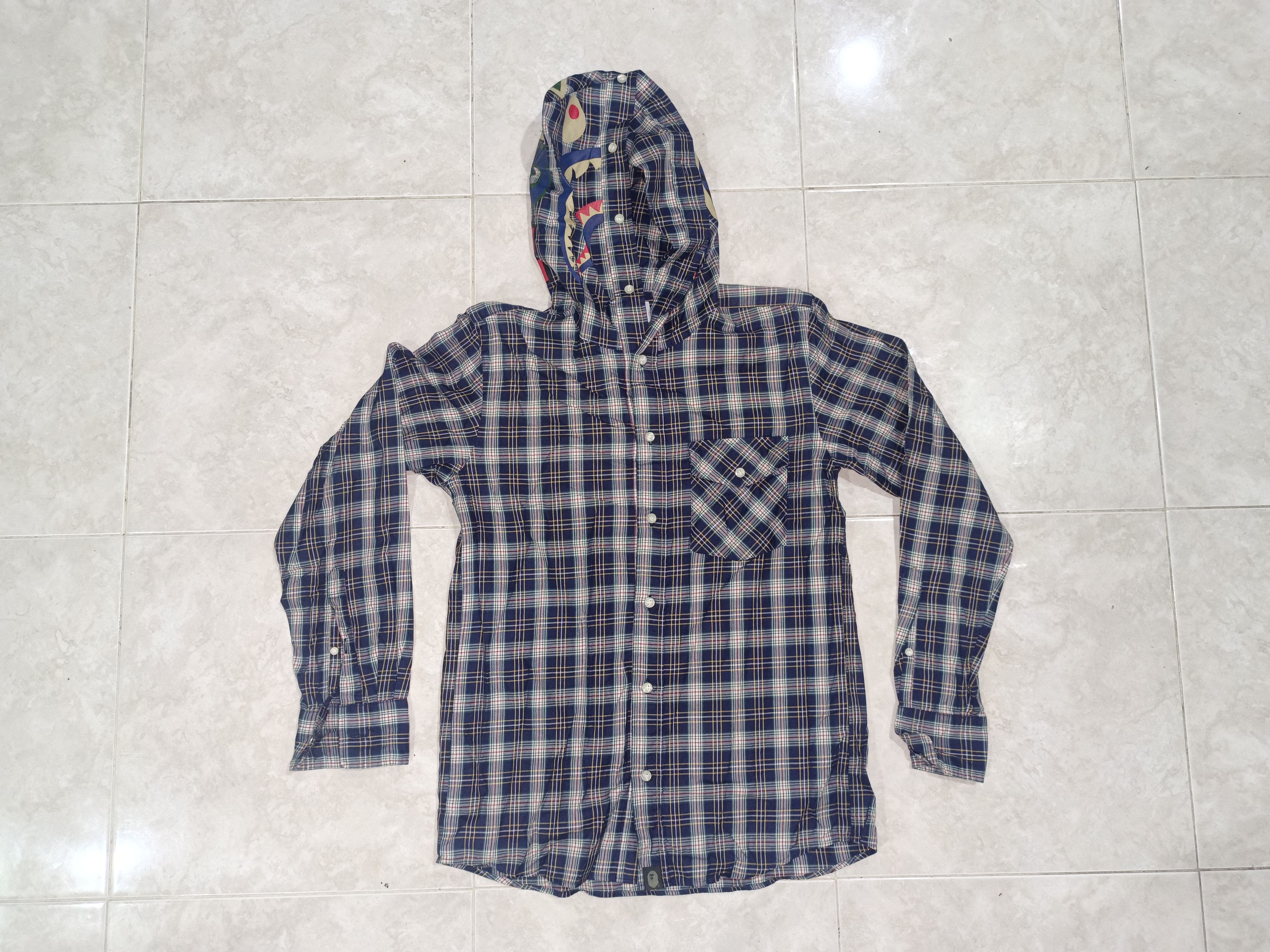 image of Bape x Flannel Plaid Shark Shirt Hoodie in Navy, Men's (Size Medium)