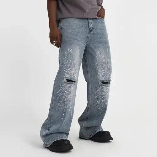 Japanese Brand Men's punk high street rhinestone ripped knee jeans Size US 32 / EU 48 - 3 Thumbnail