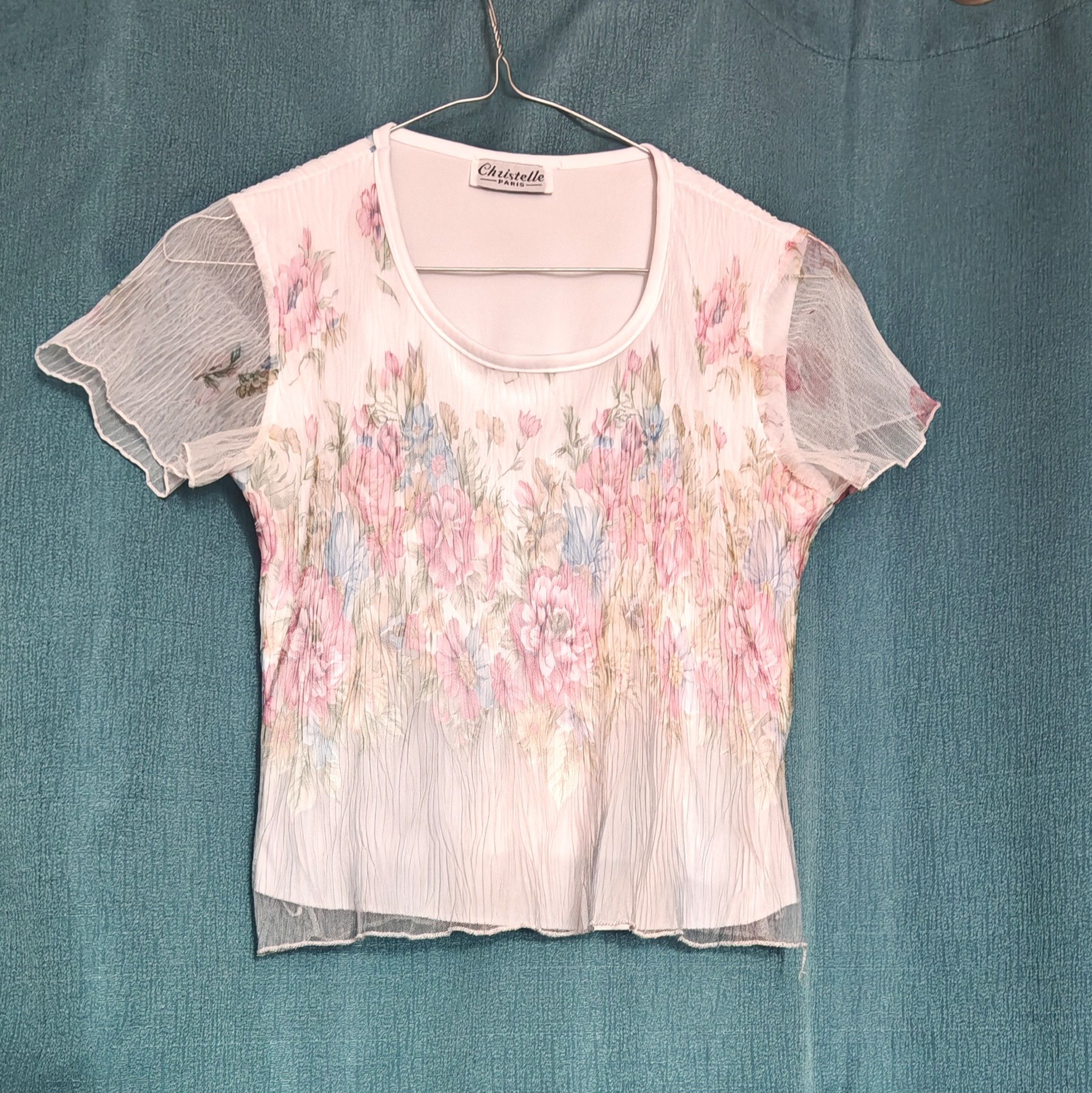 Vintage Vintage French Sheer Mesh Floral Crop Top Flare sz S 90s Y2K Size S / US 4 / IT 40 - 1 Thumbnail