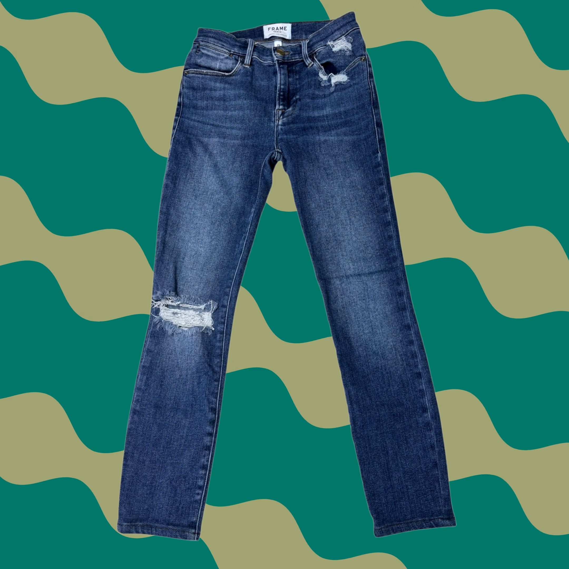 Frame FRAME Le High Skinny Jeans Saxon Blue Distressed Denim Womens High Rise Slim 5-Pocket Zipper Logo Cotton Blend Spandex Wearable Everyday Jeans Womens Size 42" / US 20 - 1 Thumbnail