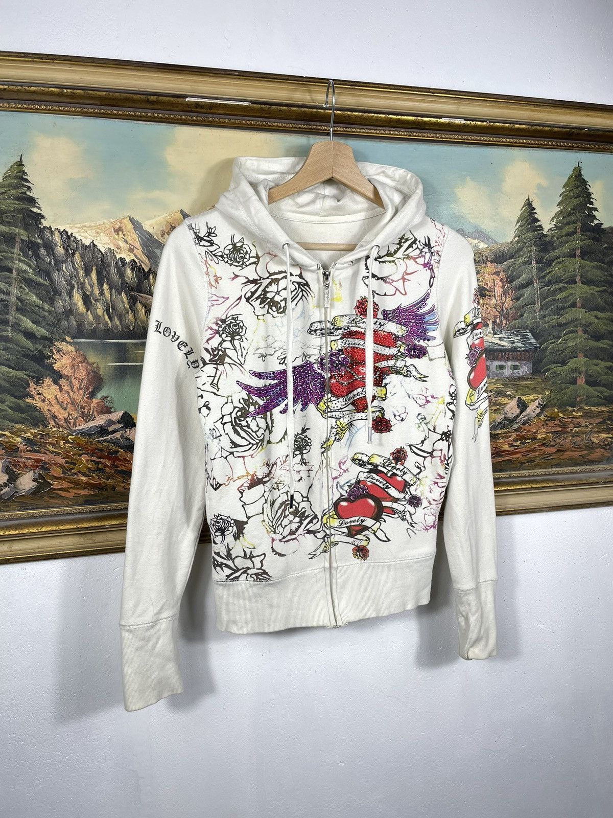 Christian Audigier × Ed Hardy × Vintage Retro 00s Ed Hardy Vibe Hoodie Crystals Affliction Grunge Size US XS / EU 42 / 0 - 3 Thumbnail