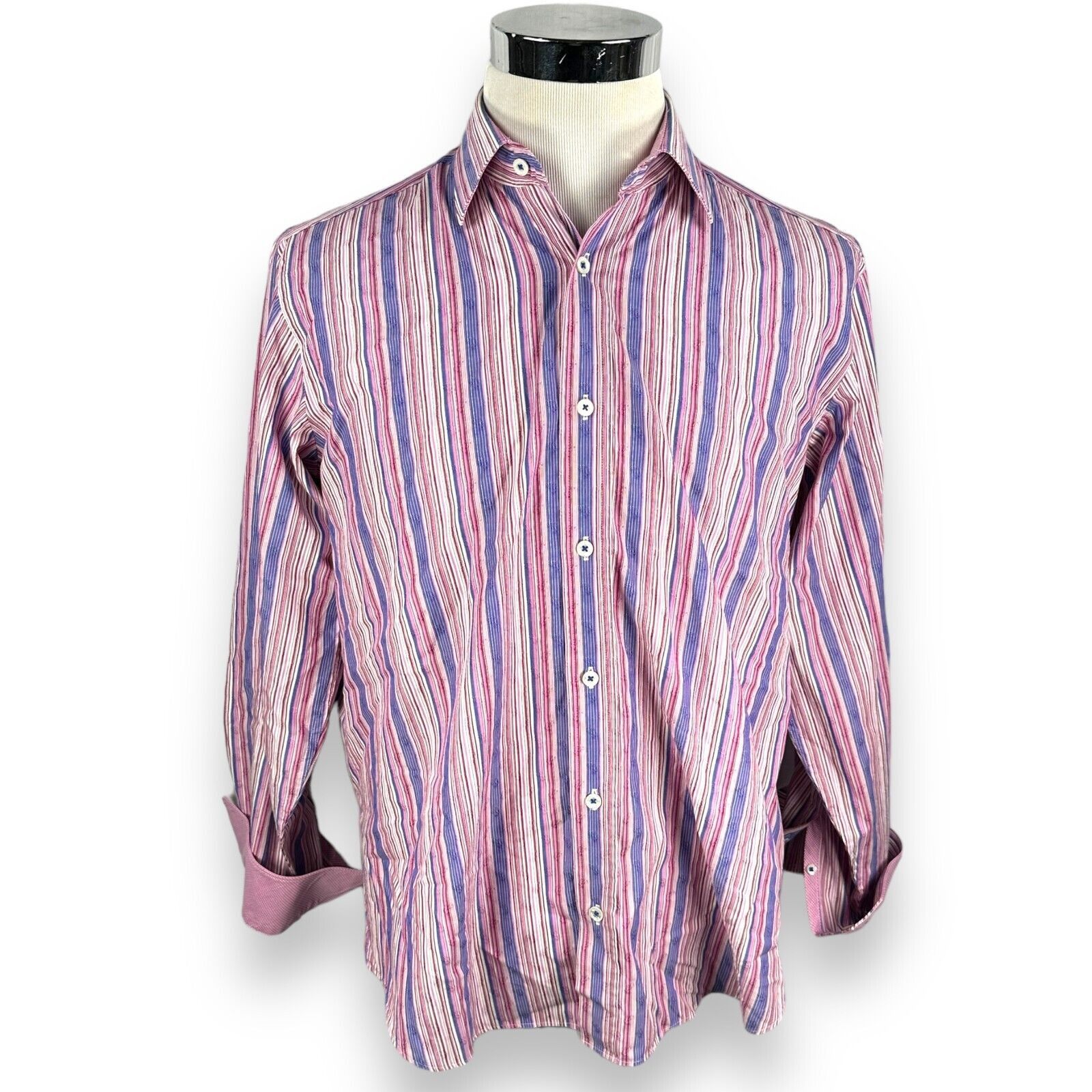BUGATCHI Bugatchi Shirt XL Striped Pink Purple Flip Cuff Button Up Size US XL / EU 56 / 4 - 1 Thumbnail