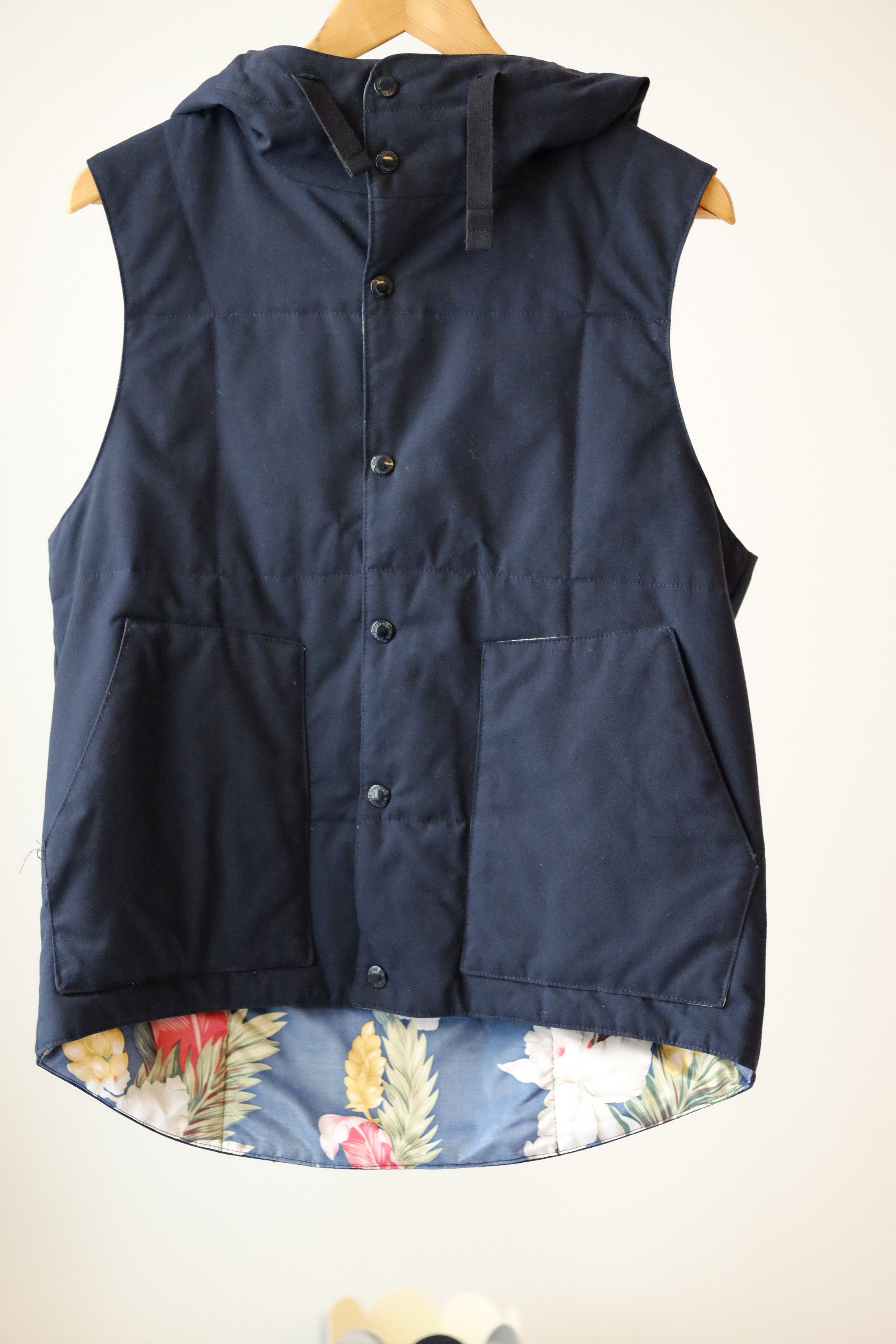 Engineered Garments Navy Hooded Work Vest w/ Floral Lining