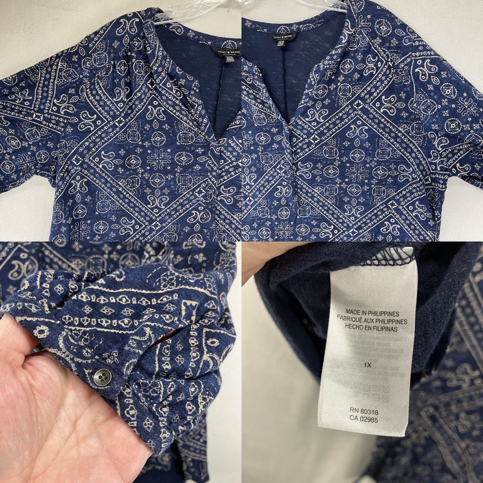 Lucky Brand Lucky Brand Women's Plus Size Blouse 1X Boho Paisley V-Neck Puff Sleeve Cotton Modal Summer Fall Spring Winter Size XL / US 12-14 / IT 48-50 - 8 Thumbnail