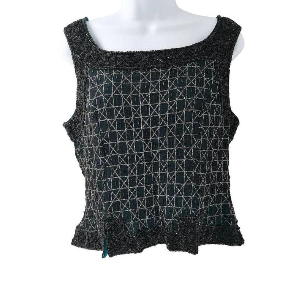 Vintage Vintage Teal Silk Sleeveless Top Hand Embellished Size L / US 10 / IT 46 - 1 Thumbnail