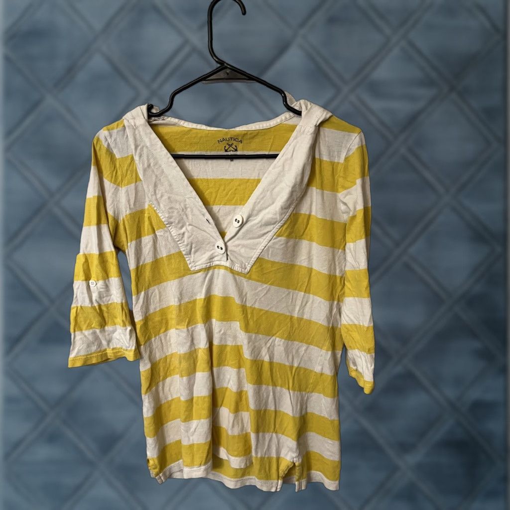 Nautica Nautica Women's Hoodie Top M 3/4 Sleeve Yellow Striped V-Neck Lightweight Loungewear Size M / US 6-8 / IT 42-44 - 1 Thumbnail