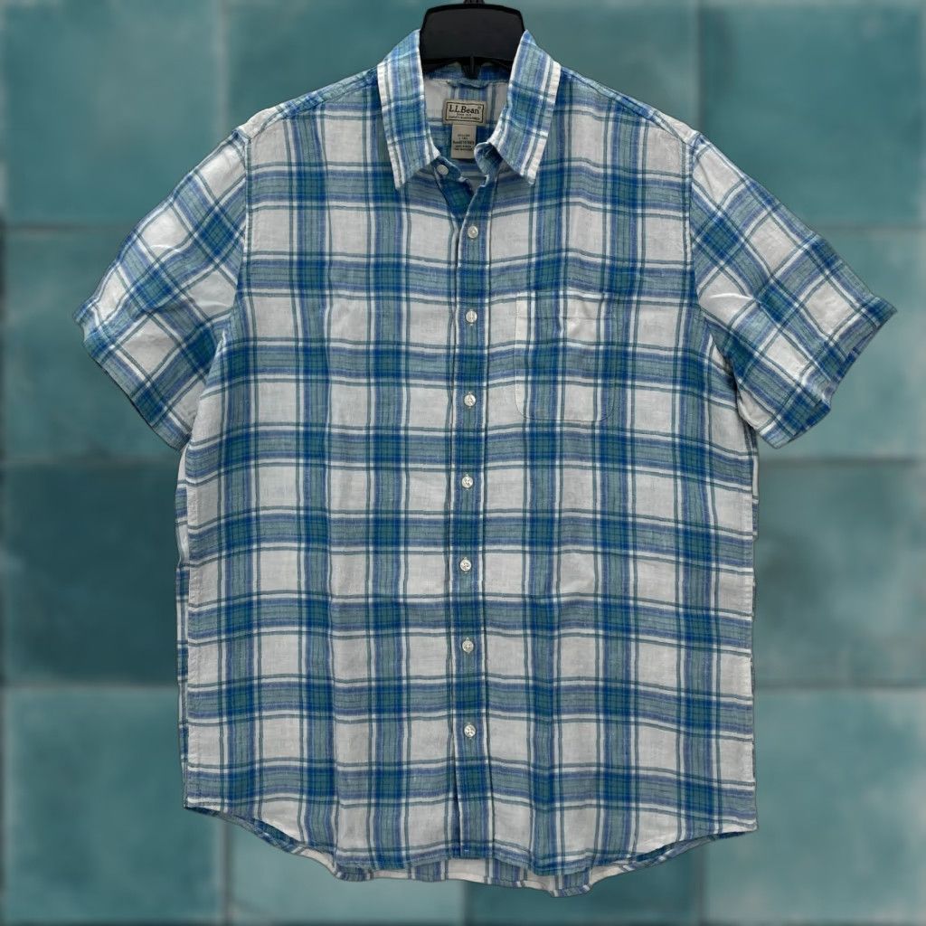 Vintage L.L. Bean Linen Button Up Short Sleeve Shirt Large Tall Blue Plaid Camp Hiking Men Shirts Size US L / EU 52-54 / 3 - 1 Thumbnail
