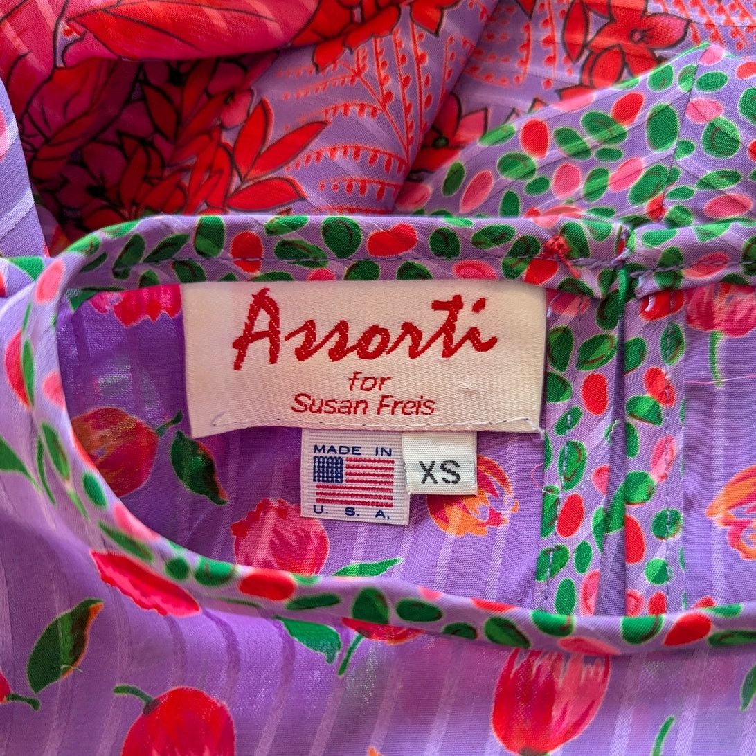 Other Vintage Assorti Susan Freis Pink Purple Floral Blouse Skirt Size XS / US 0-2 / IT 36-38 - 7 Thumbnail