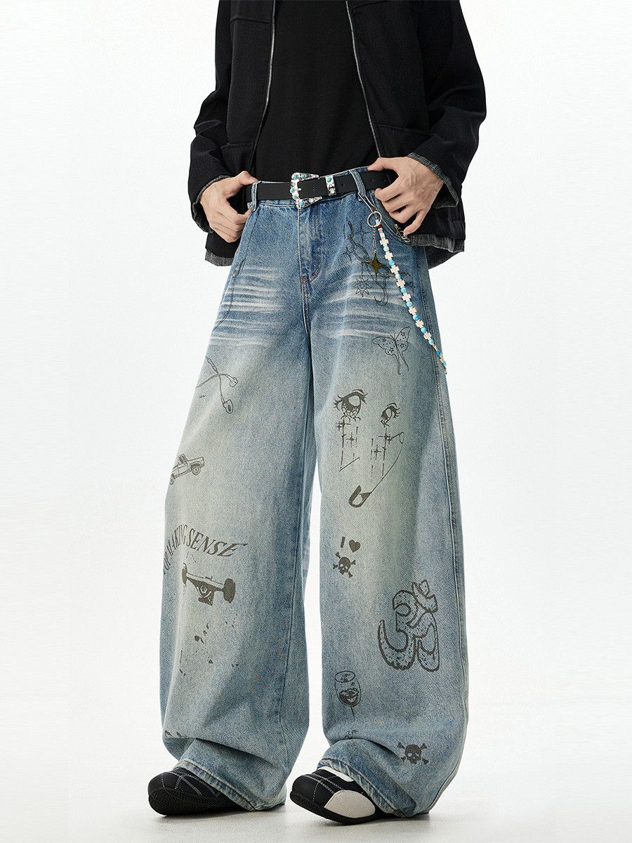 Japanese Brand Men's American Retro Washed Graffiti Jeans Size US 32 / EU 48 - 3 Thumbnail