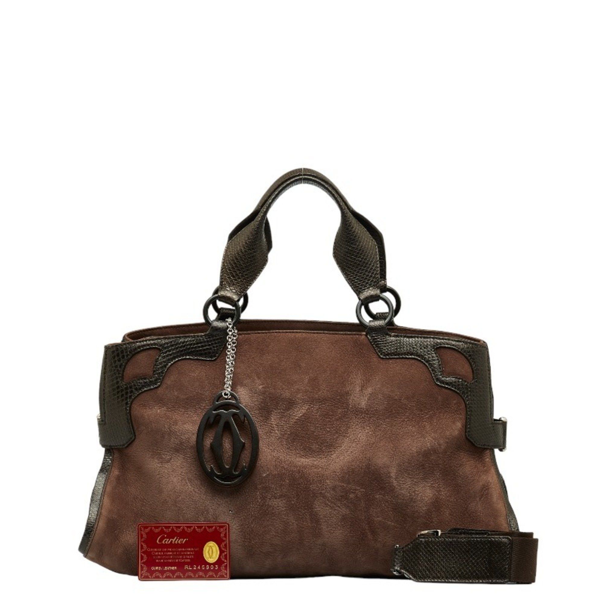 image of Cartier Marcello Handbag Brown Suede Leather Ladies Cartier, Women's