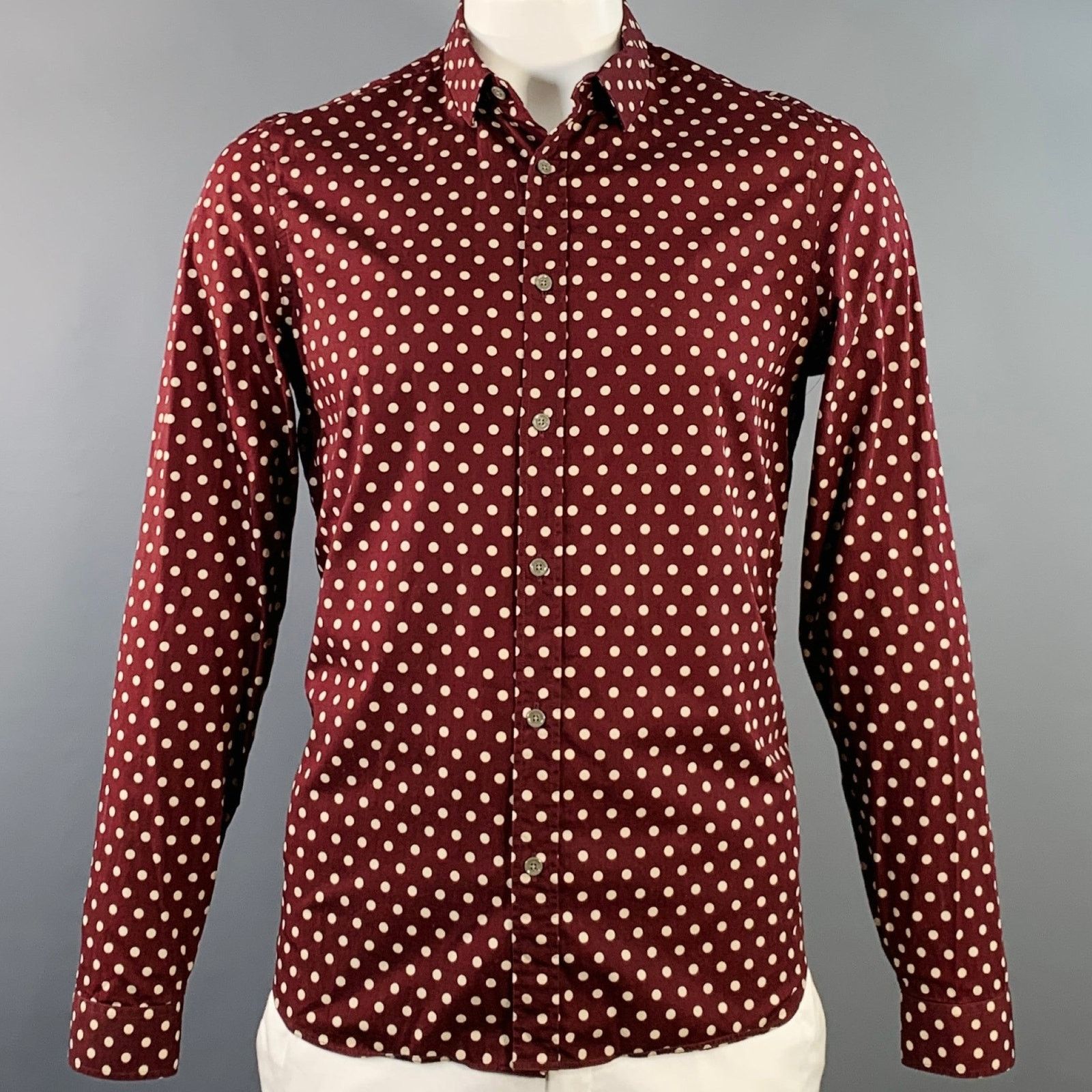 Size L Burgundy Beige Polka Dot Cotton Long Sleeve Shirt