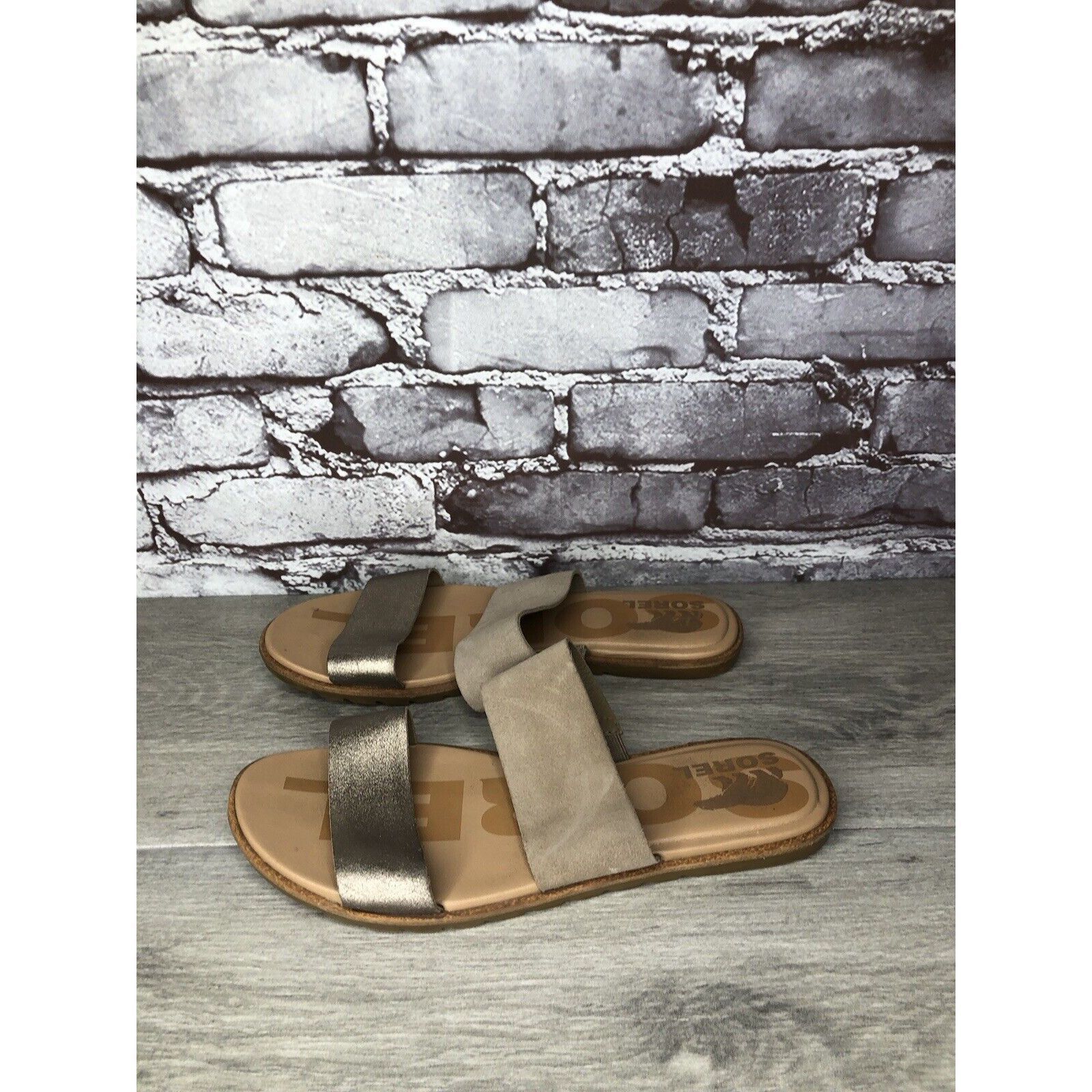 SOREL Sorel Taupe Suede Gold Leather Slides Sandals Women Sz 8.5M Size US 8.5 / IT 38.5 - 15 Thumbnail