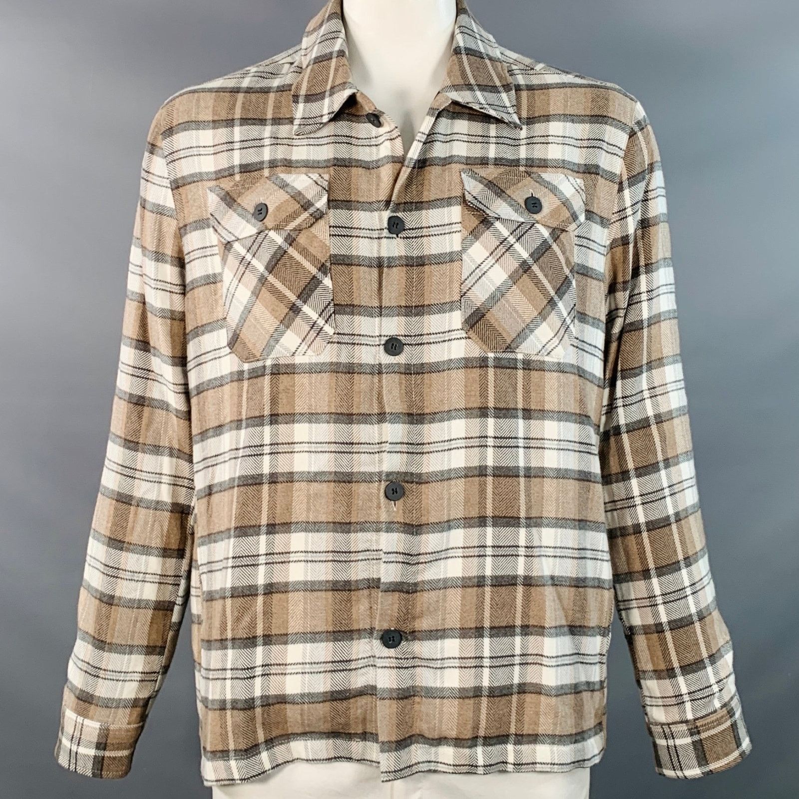 Saks Fifth Avenue Size L Brown Grey Cream Plaid Cotton Shirt Jacket Size US L / EU 52-54 / 3 - 1 Thumbnail