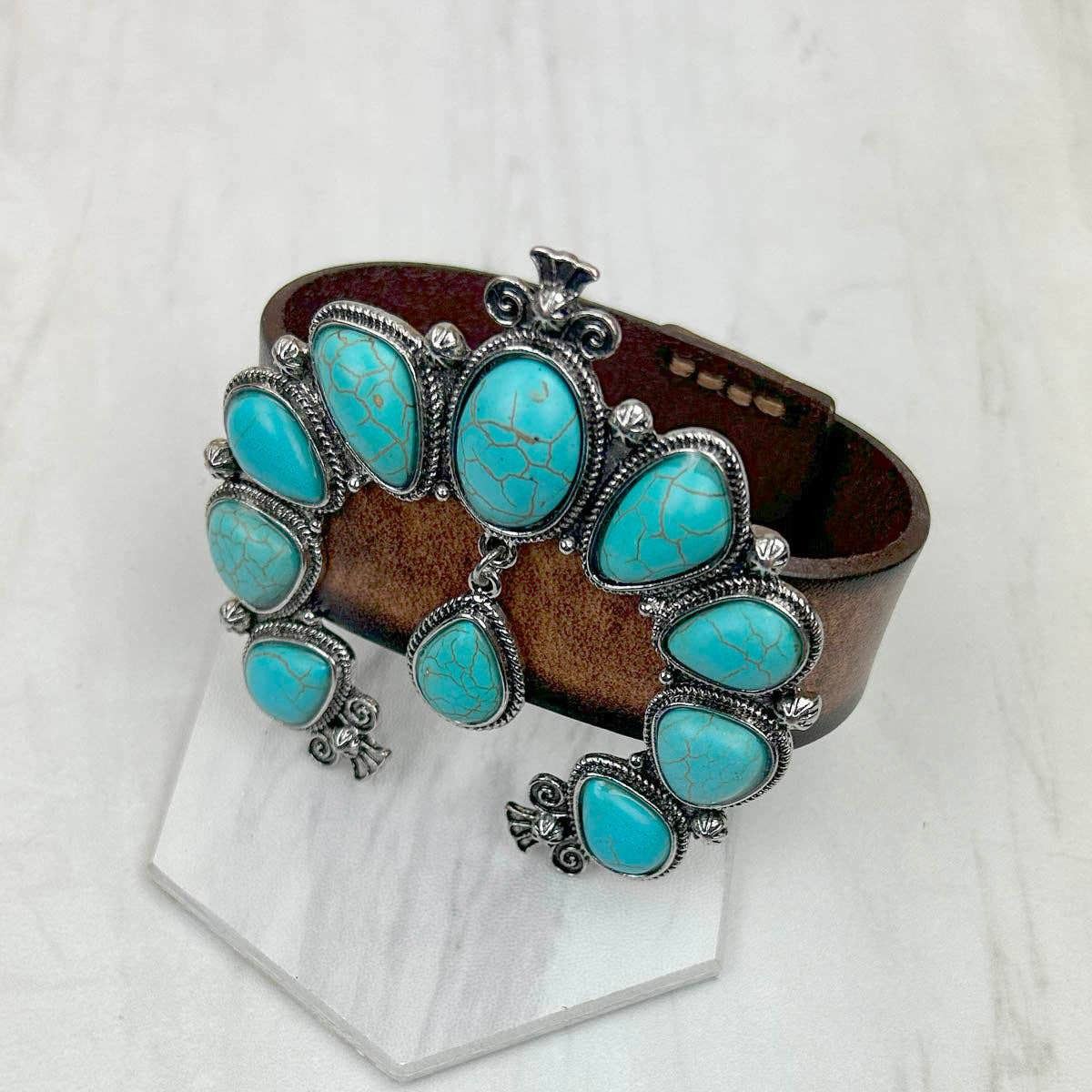 Other Brown Leather Bracelet with Large Blue Turquoise Blossom Des Size ONE SIZE - 9 Thumbnail